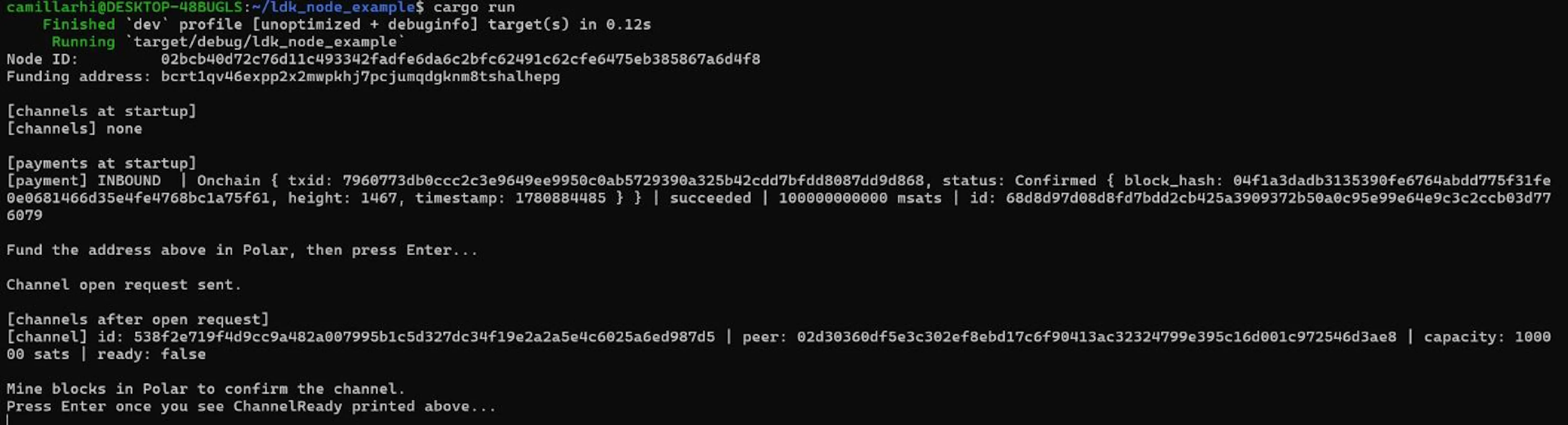 Terminal showing channel with ready: false after open_channel