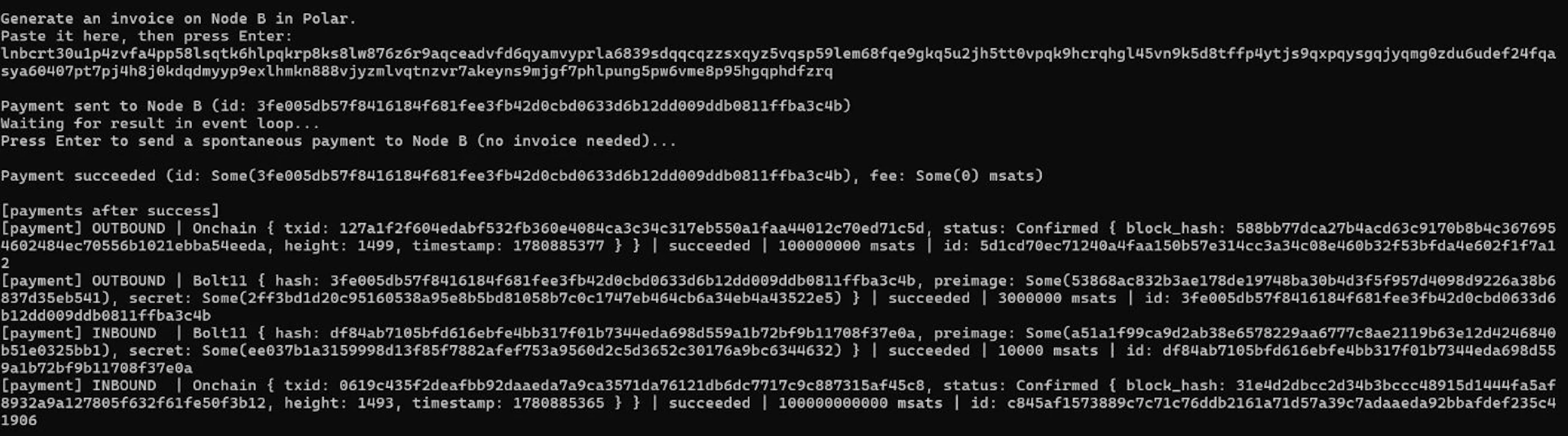 Terminal showing PaymentSuccessful event and payment list with INBOUND BOLT11 and OUTBOUND BOLT11 both succeeded
