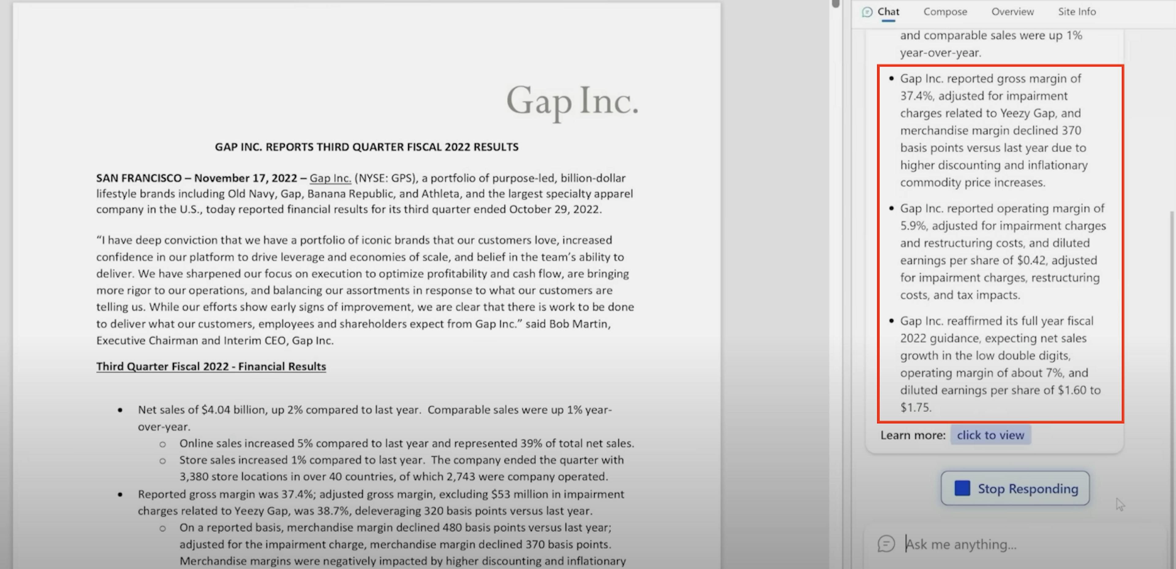 Figure 1. Summary of the Gap Inc. fiscal report by the new Bing in Press Release.