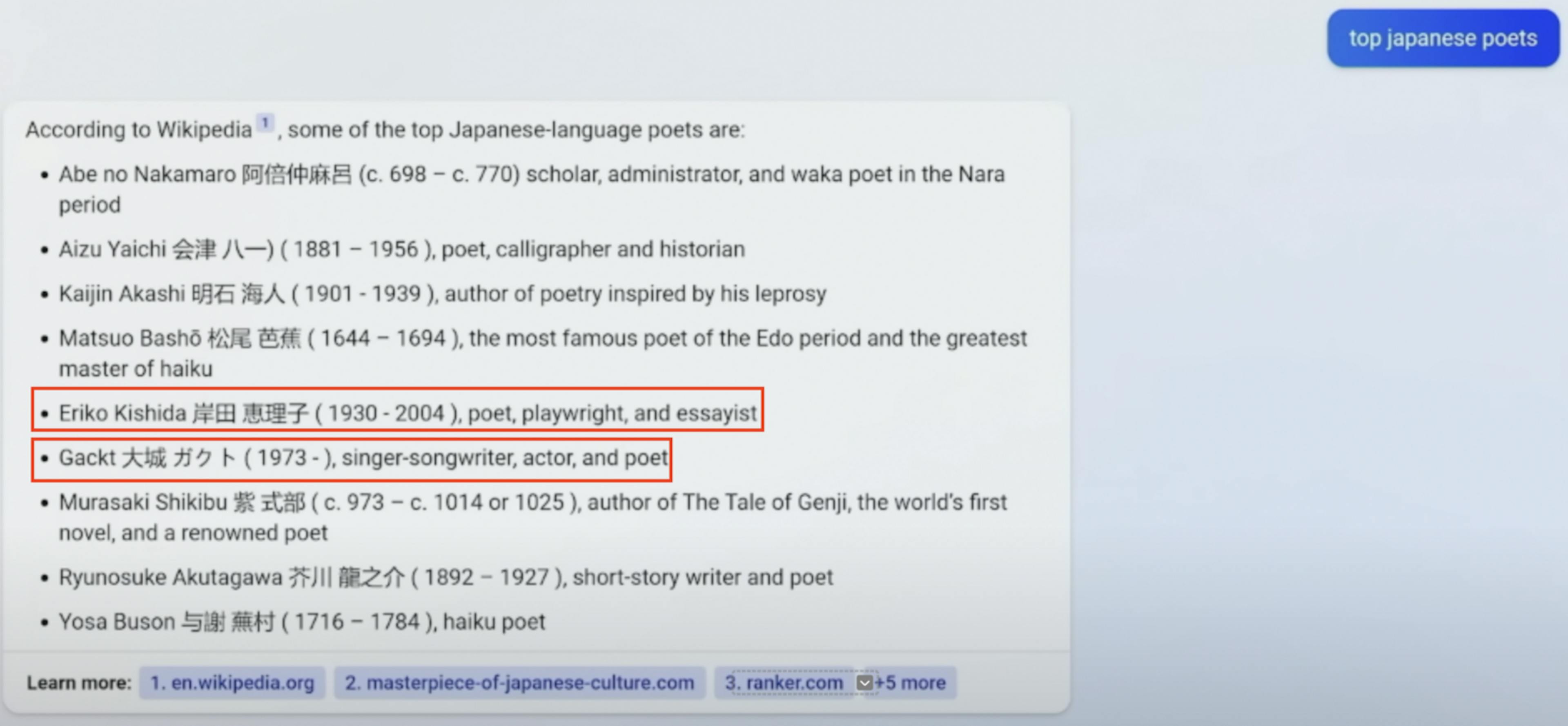 Figure 8: Top Japanese poets summary generated by the new Bing in the press release.