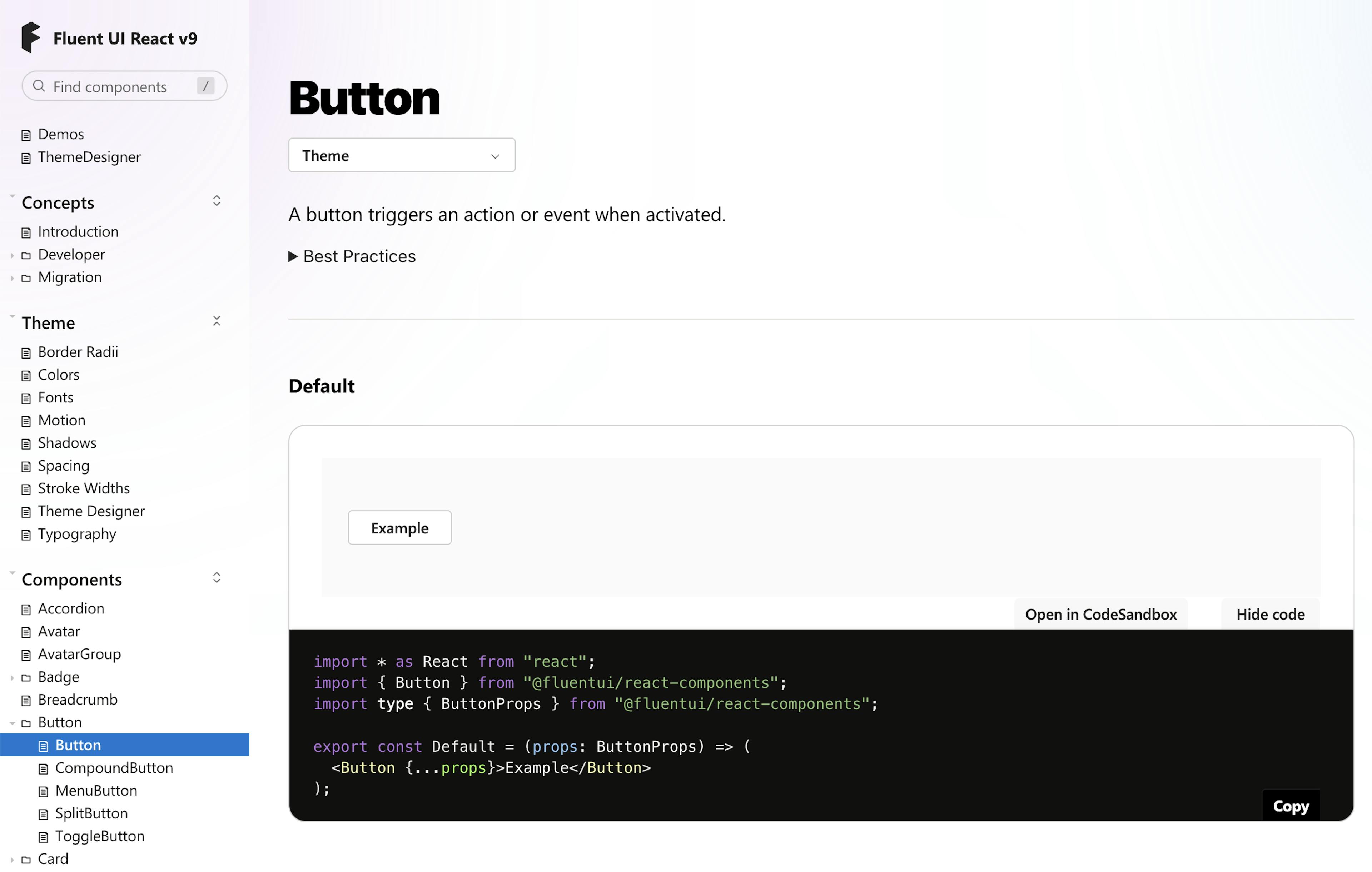 Example of Storybook.js page for Button component