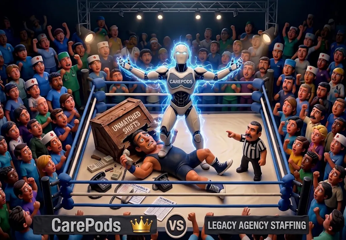 HackerNoon article illustration of a CarePods robot and legacy agency staffing in a boxing ring surrounded by clinicians