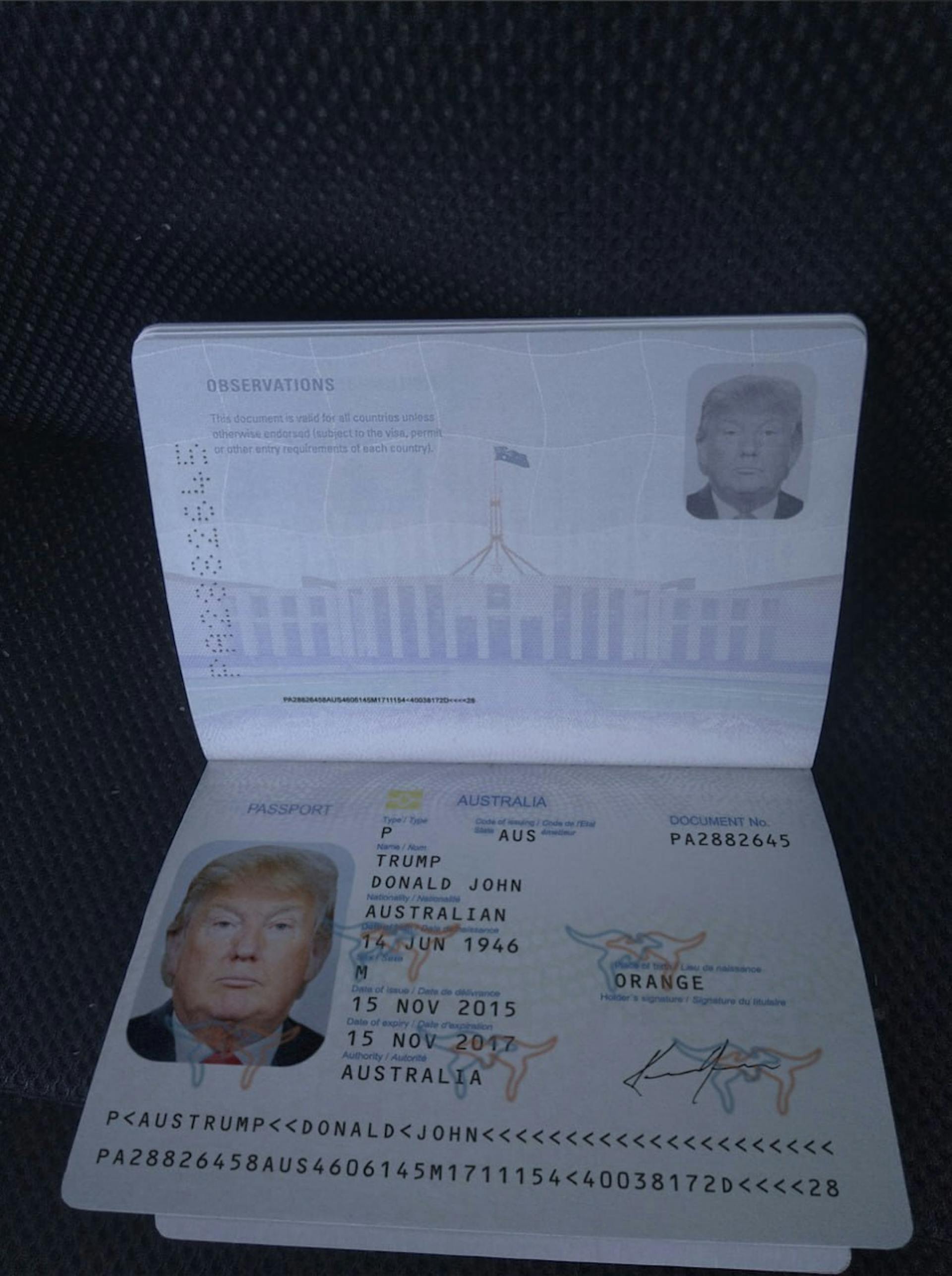 A fake Australian passport using the details of former U.S. president Donald Trump appearing laid out on some fabric. Source: Telegram