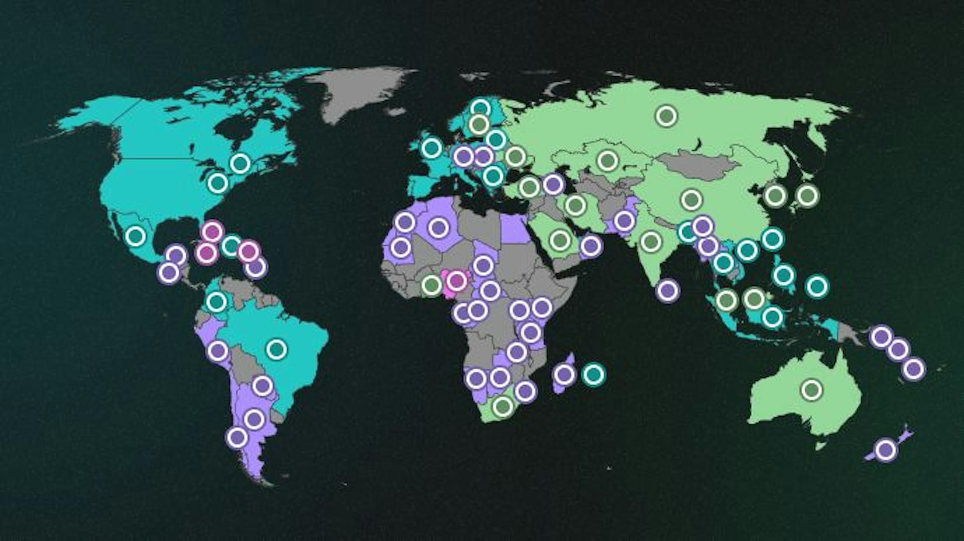 The map highlights countries that are in stages from research to complete launch