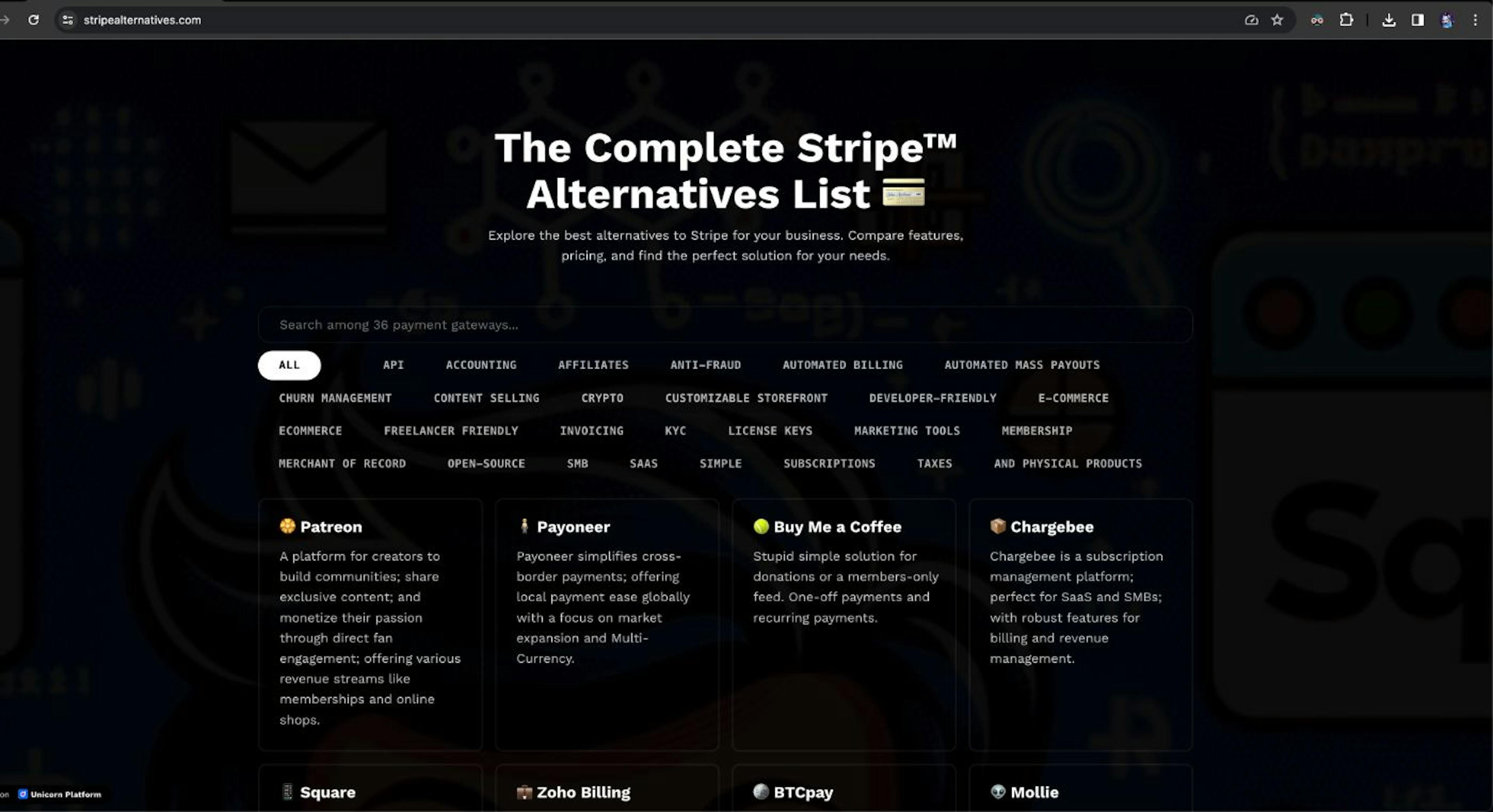 StripeAlternatives.com, benim yan projem