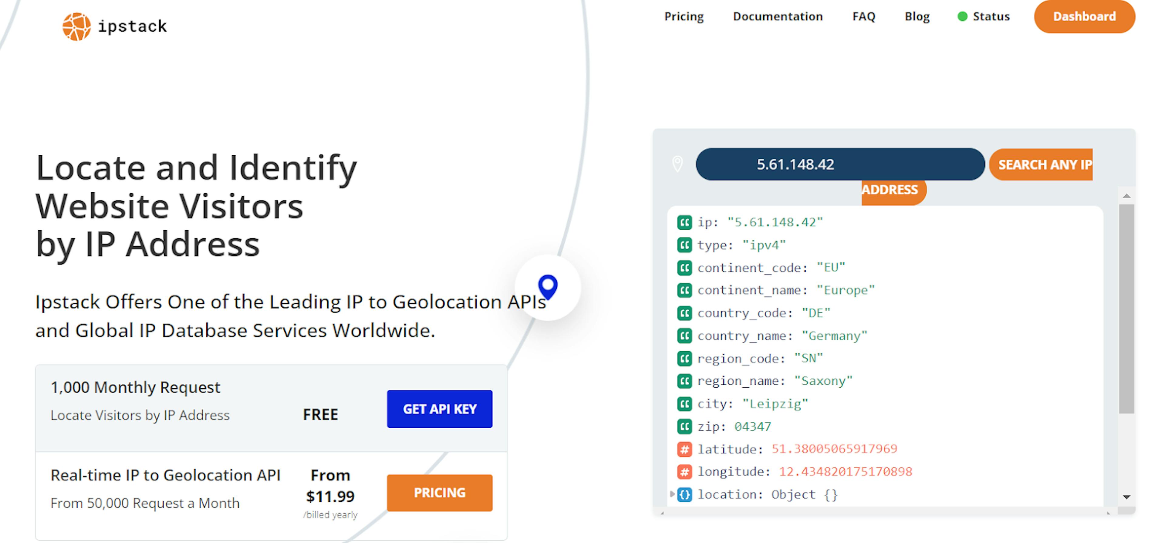 home page of the ipstack ip geolocation api