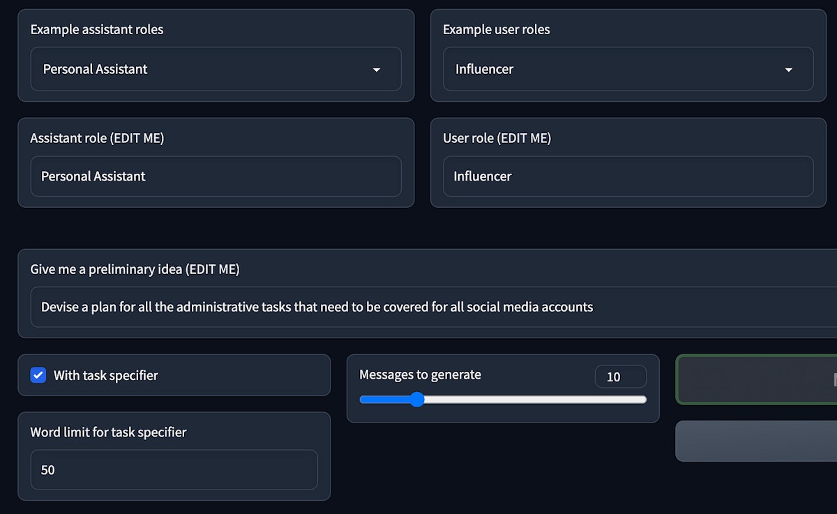 An example set-up of a conversation between a PA agent and Influencer Agent on CAMEL