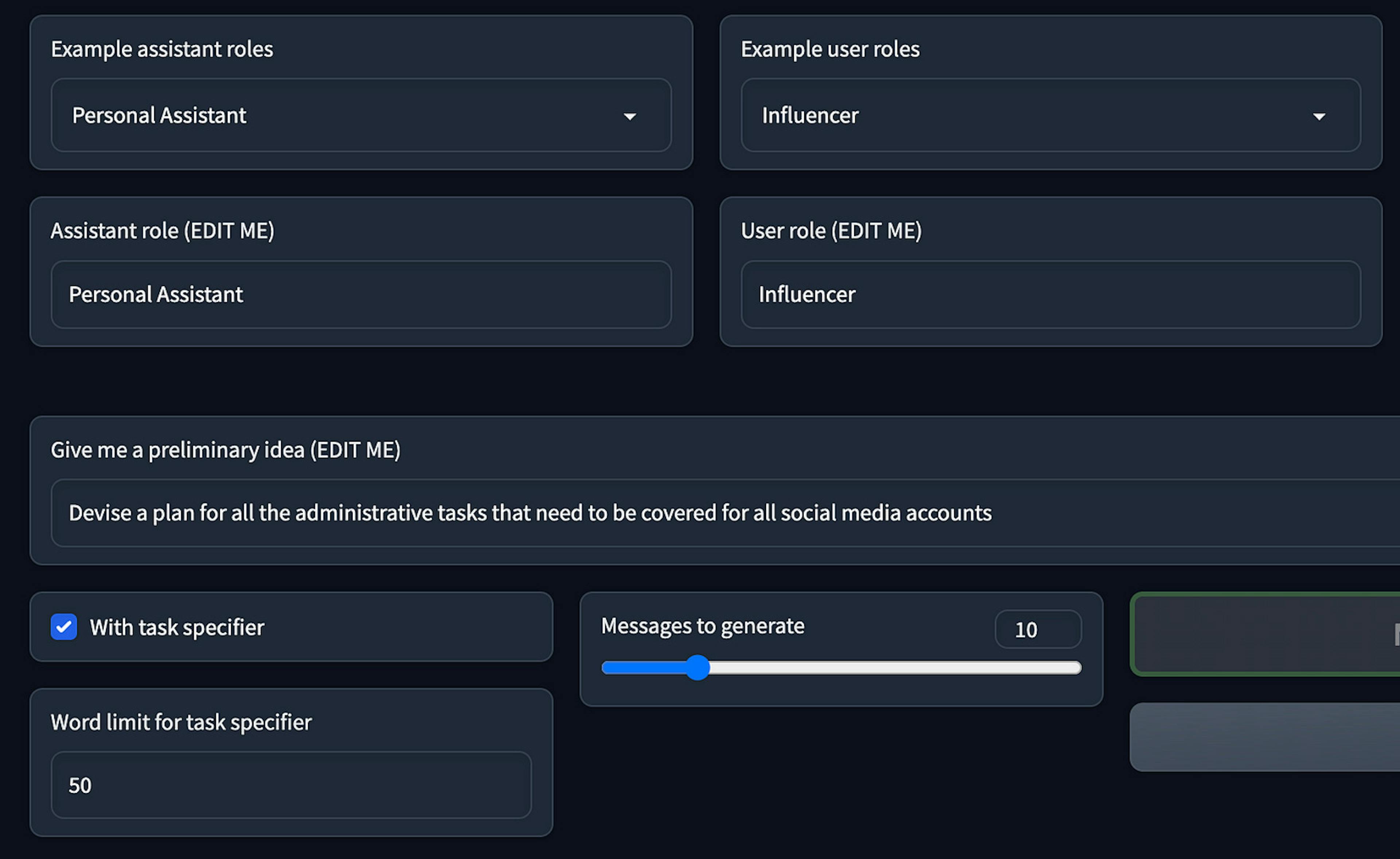 An example set-up of a conversation between a PA agent and Influencer Agent on CAMEL