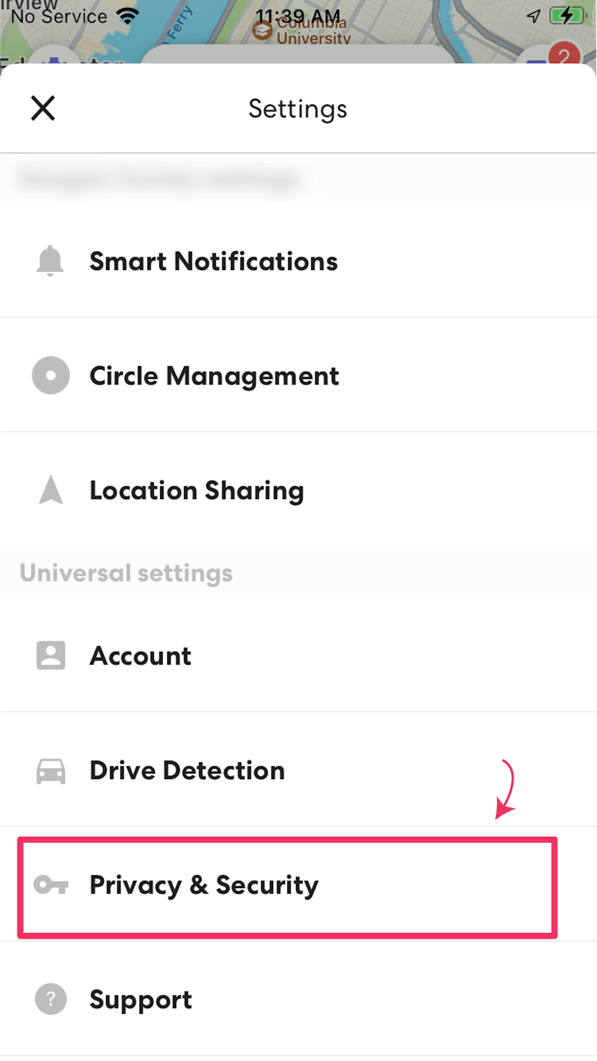 Screenshot of Life360 app highlighting the "Privacy & Security" button