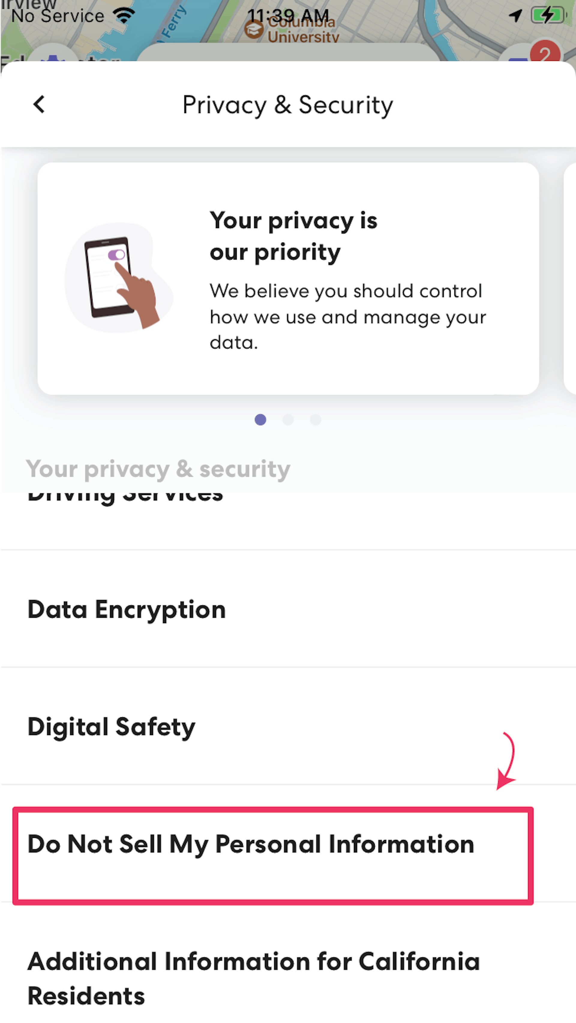 Screenshot of Life360 app highlighting the "Do Not Sell My Personal Information" button