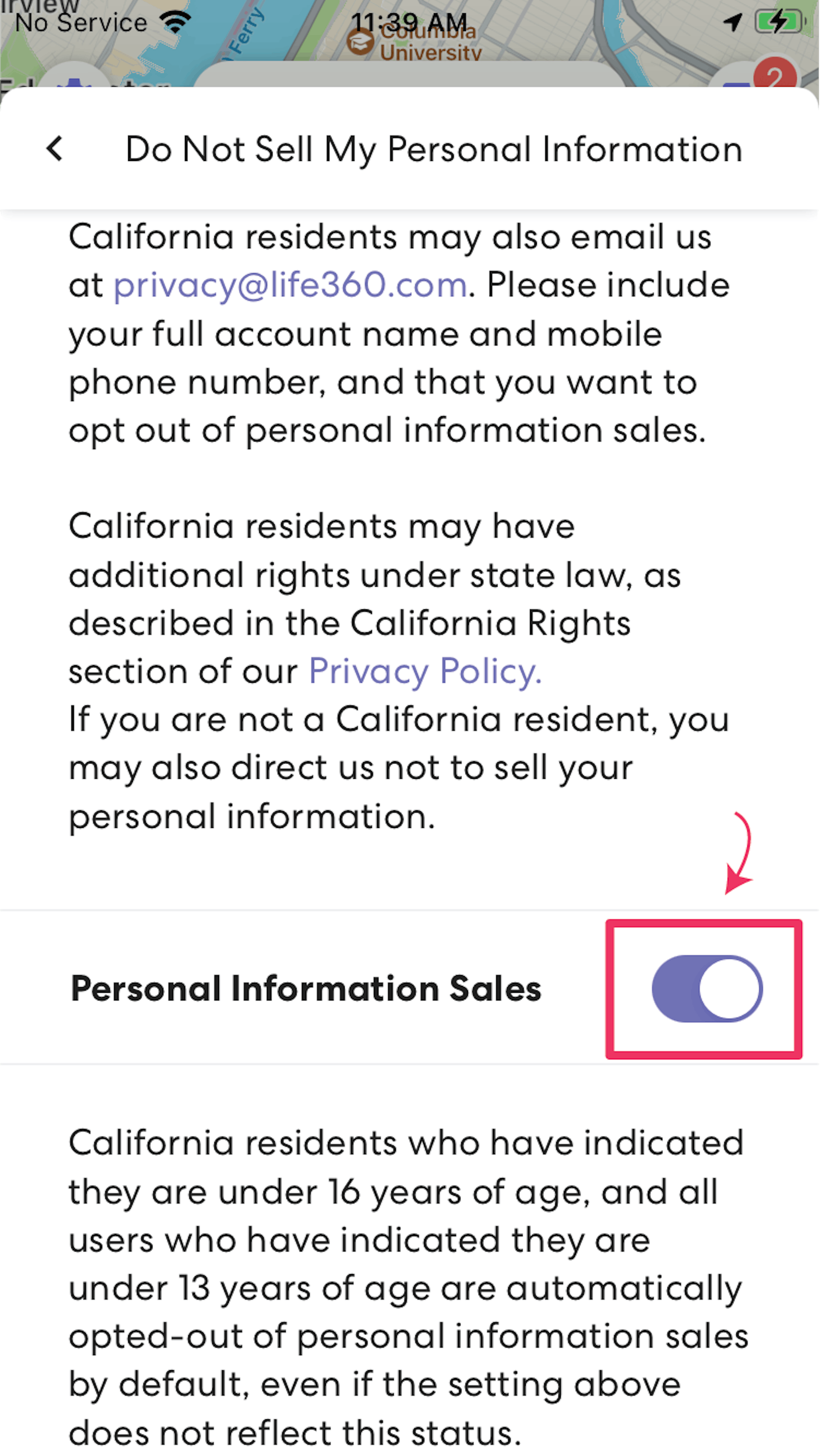 Screenshot of Life360 app highlighting the button next to "Personal Information Sales"