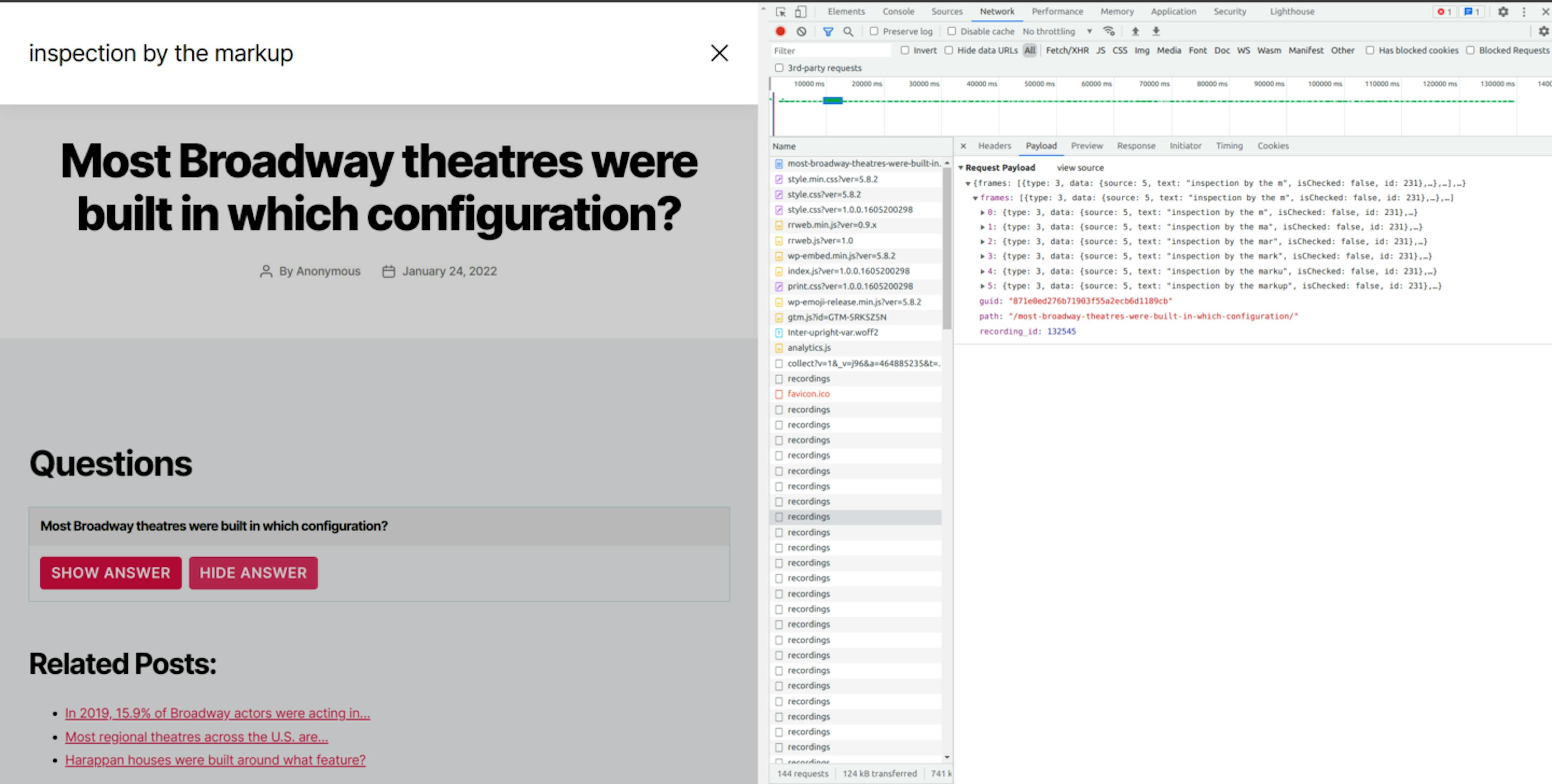 Captura de pantalla de buzzfolder.com, con herramientas de desarrollador que muestran el texto "inspección por marcado" que se está grabando. Crédito:buzzfolder.com