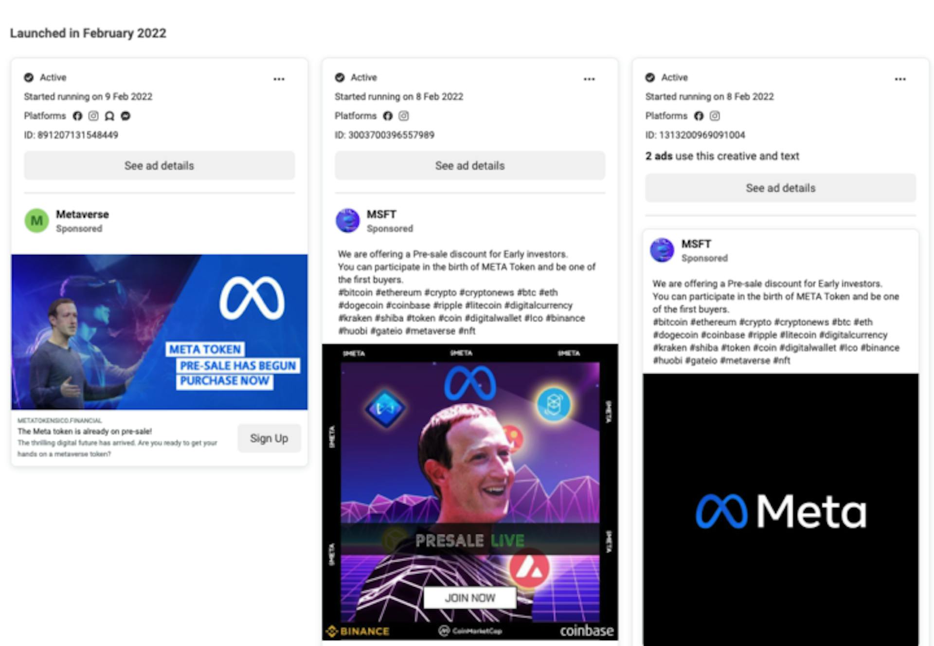 Các quảng cáo Facebook này chạy vào tháng 2 năm 2022; tất cả đều có biểu tượng biểu tượng vô cực của Meta và / hoặc hình ảnh của Mark Zuckerberg. Tín dụng: Facebook