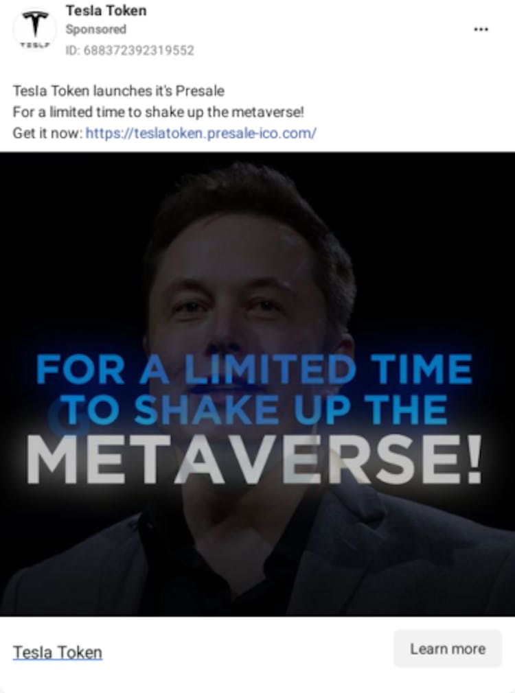 Screenshot of an ad for Tesla Token, featuring Elon Musk's image. Source: Facebook.