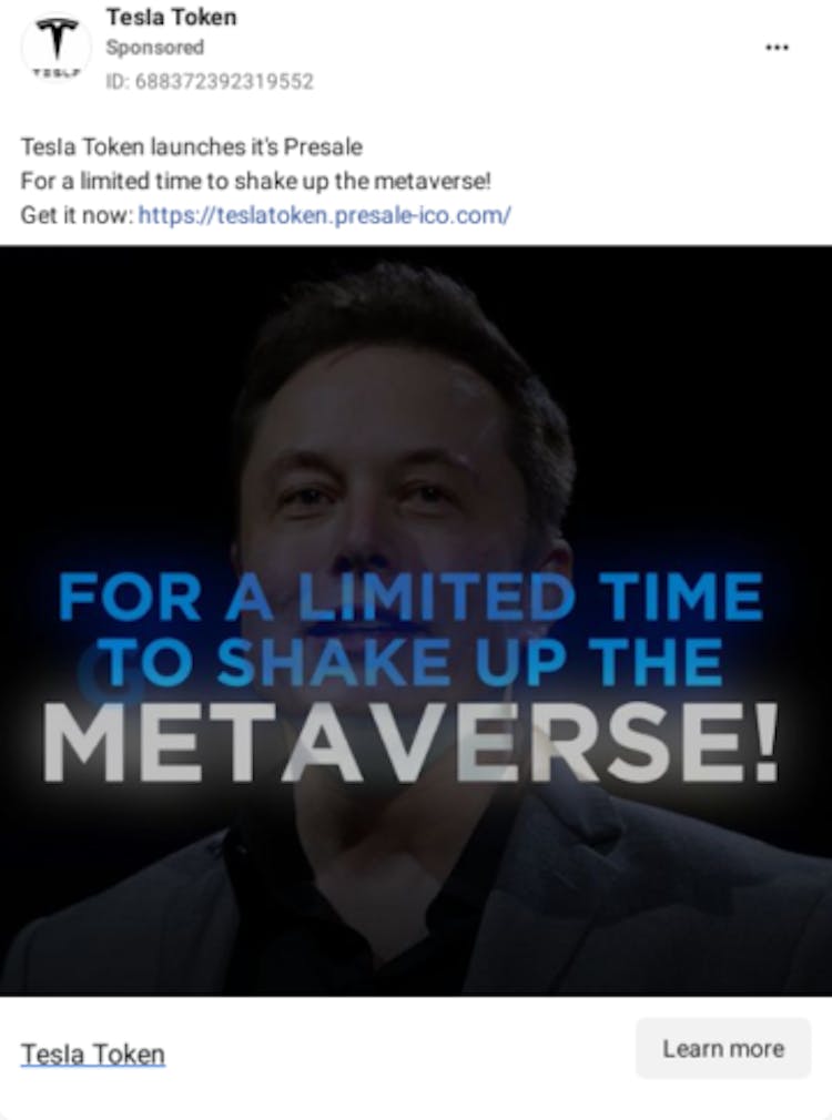 Ảnh chụp màn hình một quảng cáo cho Tesla Token, có hình ảnh của Elon Musk. Nguồn: Facebook.