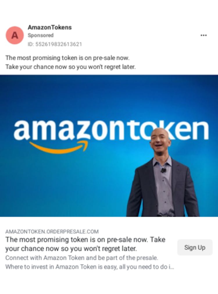 Screenshot of a Facebook ad for Amazon Token, featuring Jeff Bezos' image. Source: Facebook