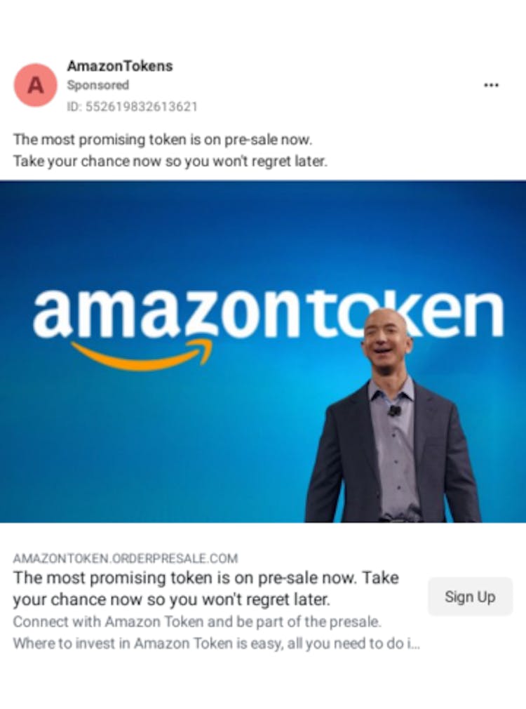 Ảnh chụp màn hình một quảng cáo Facebook cho Amazon Token, có hình ảnh của Jeff Bezos. Nguồn: Facebook