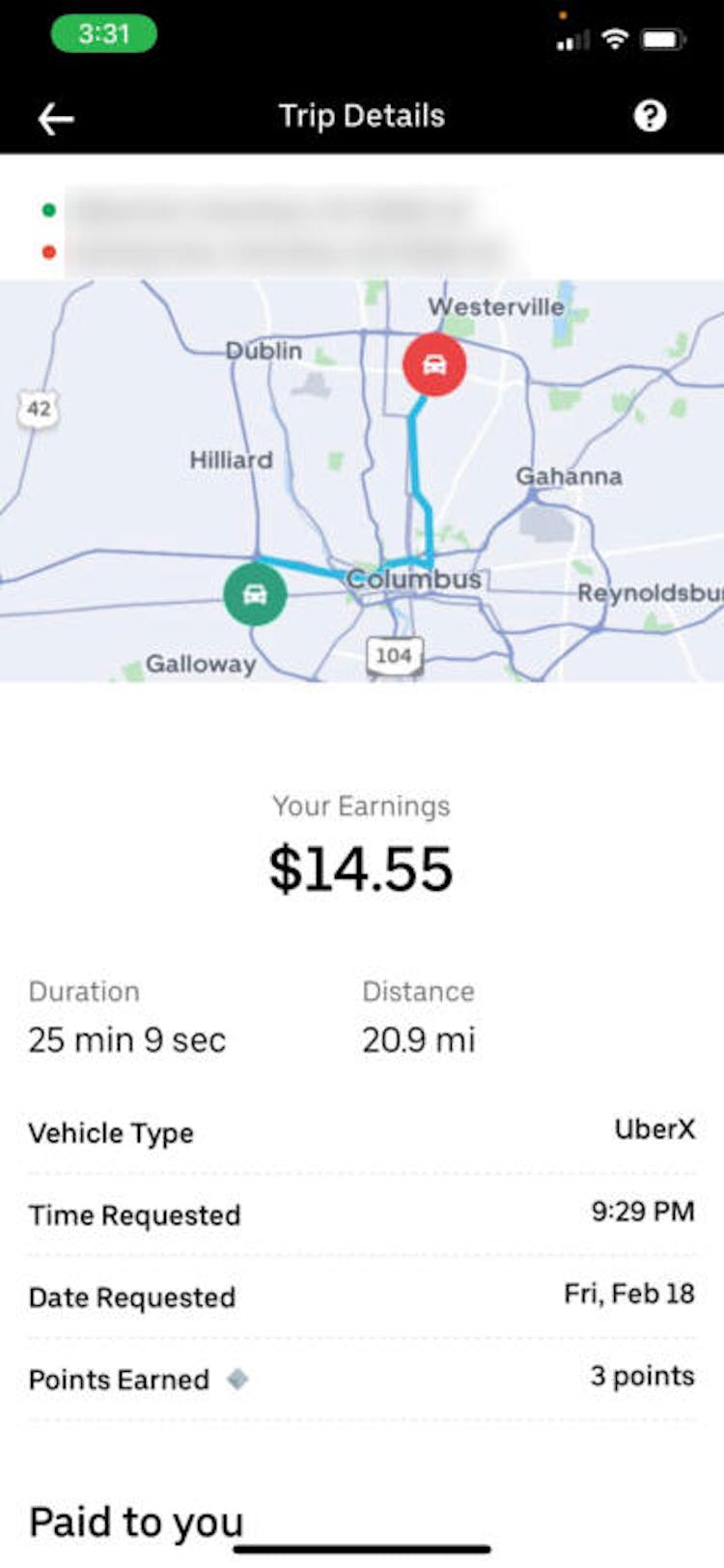 Screenshot of an Uber trip that shows $14.55 in earnings. Source: Uber