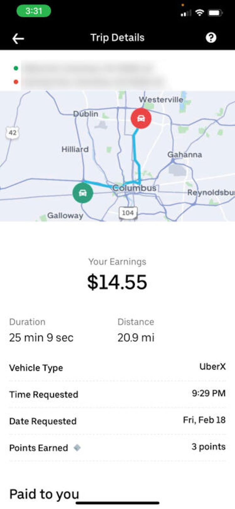 Capture d'écran d'un trajet Uber qui affiche des revenus de 14,55 $. Source : Uber