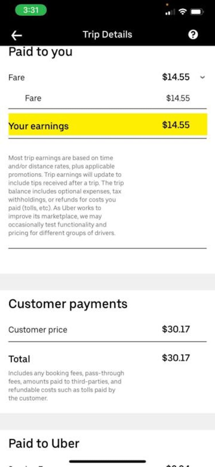 Screenshot of an Uber trip that shows $14.55 in earnings. Highlighting is The Markup’s. Source: Uber  