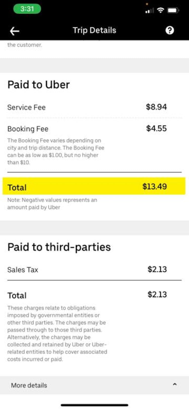 Screenshot of an Uber trip that shows $13.49 going to Uber. Highlighting is The Markup's. Source: Uber