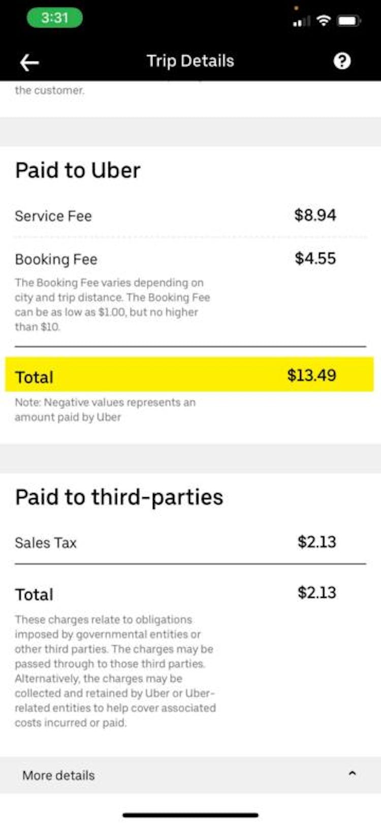 Capture d'écran d'un trajet Uber montrant 13,49 $ allant à Uber. La surbrillance est celle du balisage. Source : Uber