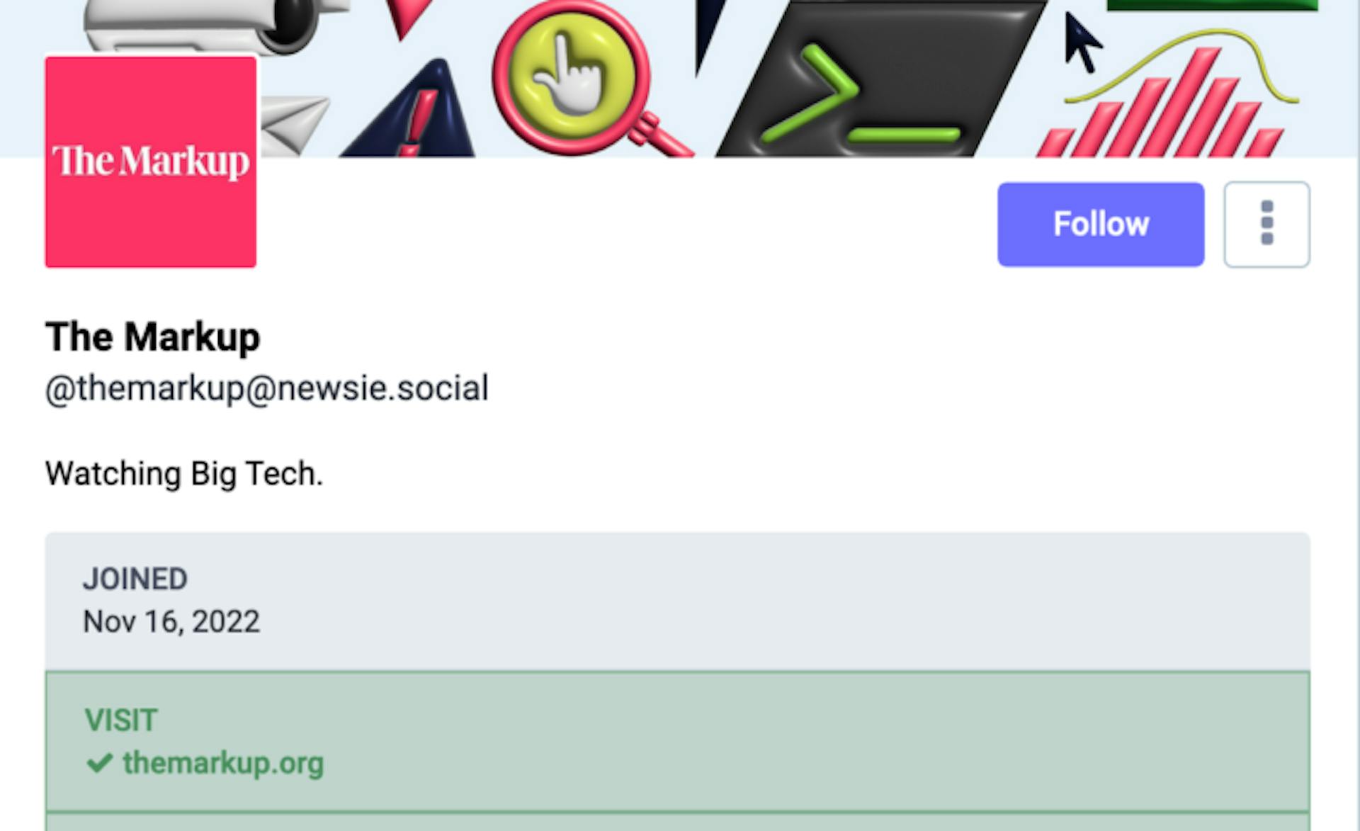 Our website, themarkup.org, is marked as a verified link on The Markup's Mastodon account.