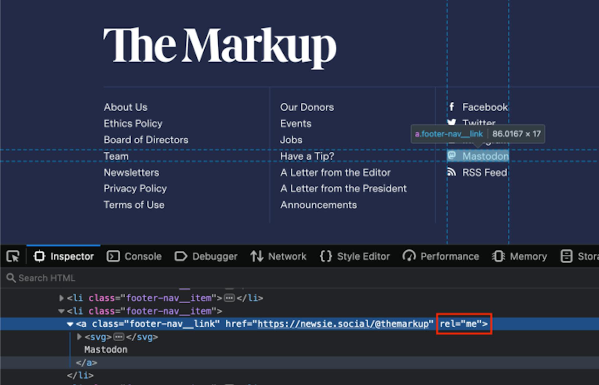 A web inspector view of themarkup.org footer links, including the rel="me" attribute on the link to our Mastodon profile page.