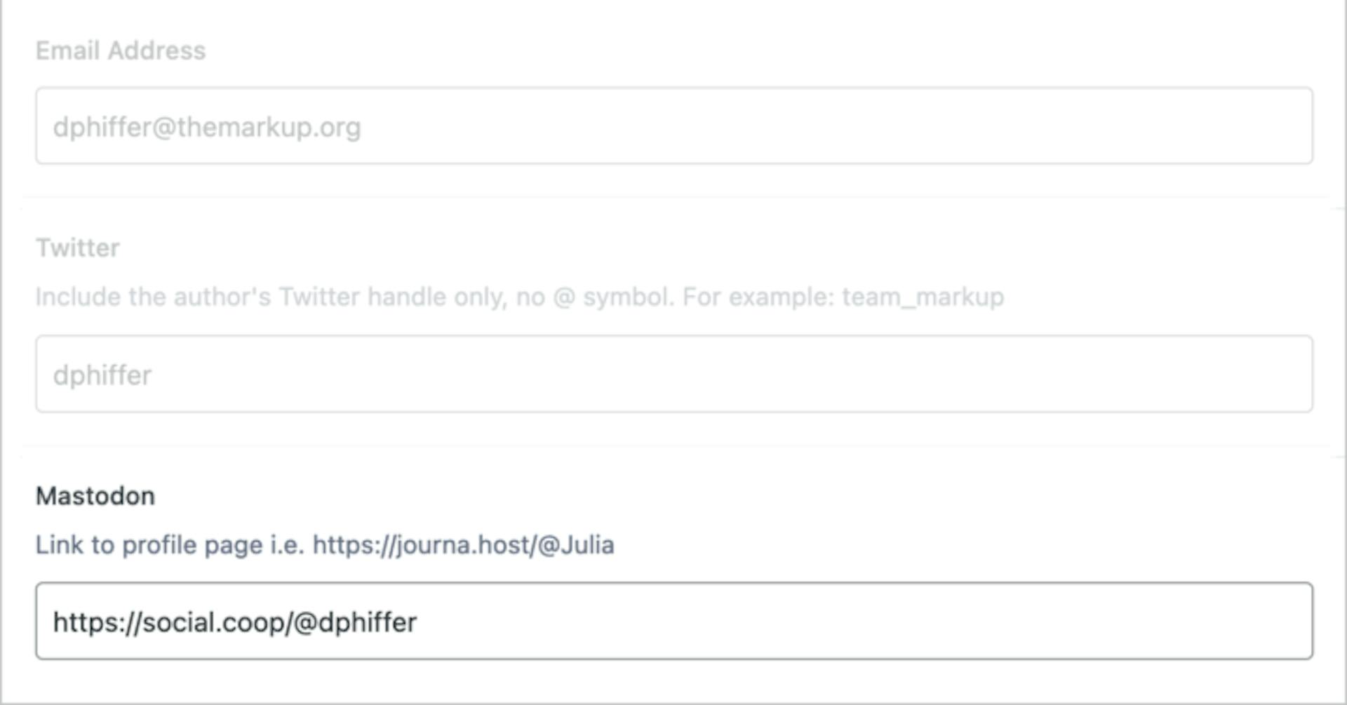 Screenshot of fields on The Markup's website editor for email address, Twitter and Mastodon.