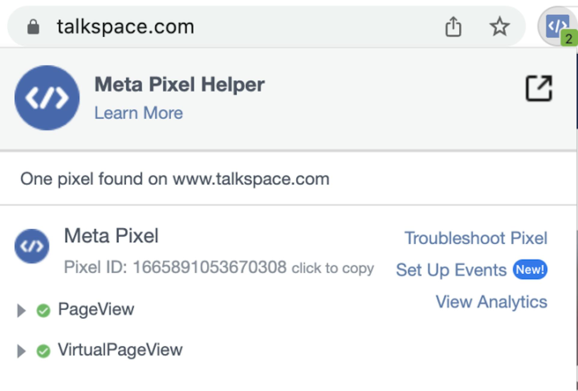 Browser extension reveals the Meta Pixel is present on the talkspace.com homepage. 