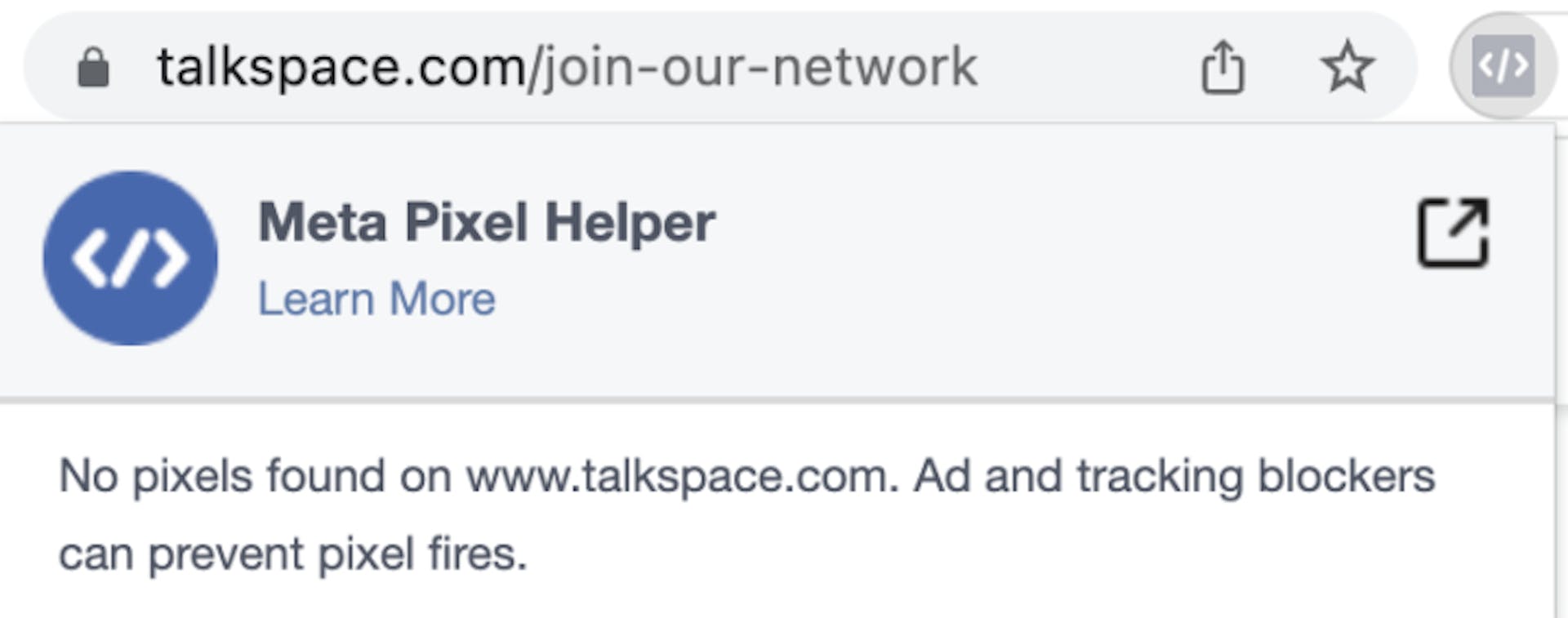 Browser extension shows the Meta Pixel is not present on the talkspace.com “join our network” of therapists page. Source: Meta Pixel Helper/talkspace.com