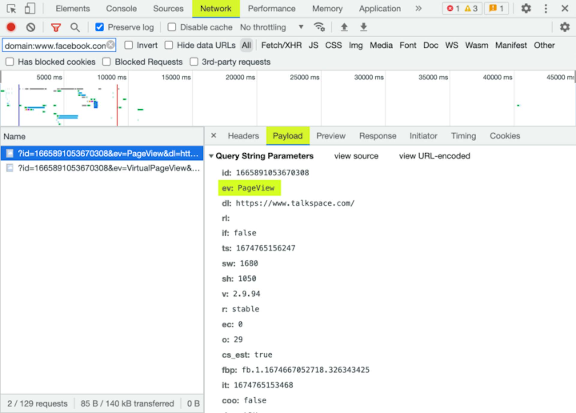 Example of a PageView event highlighted under the “payload” of developer tool’s “network” tab. This event lets Facebook know that a user viewed a particular page.