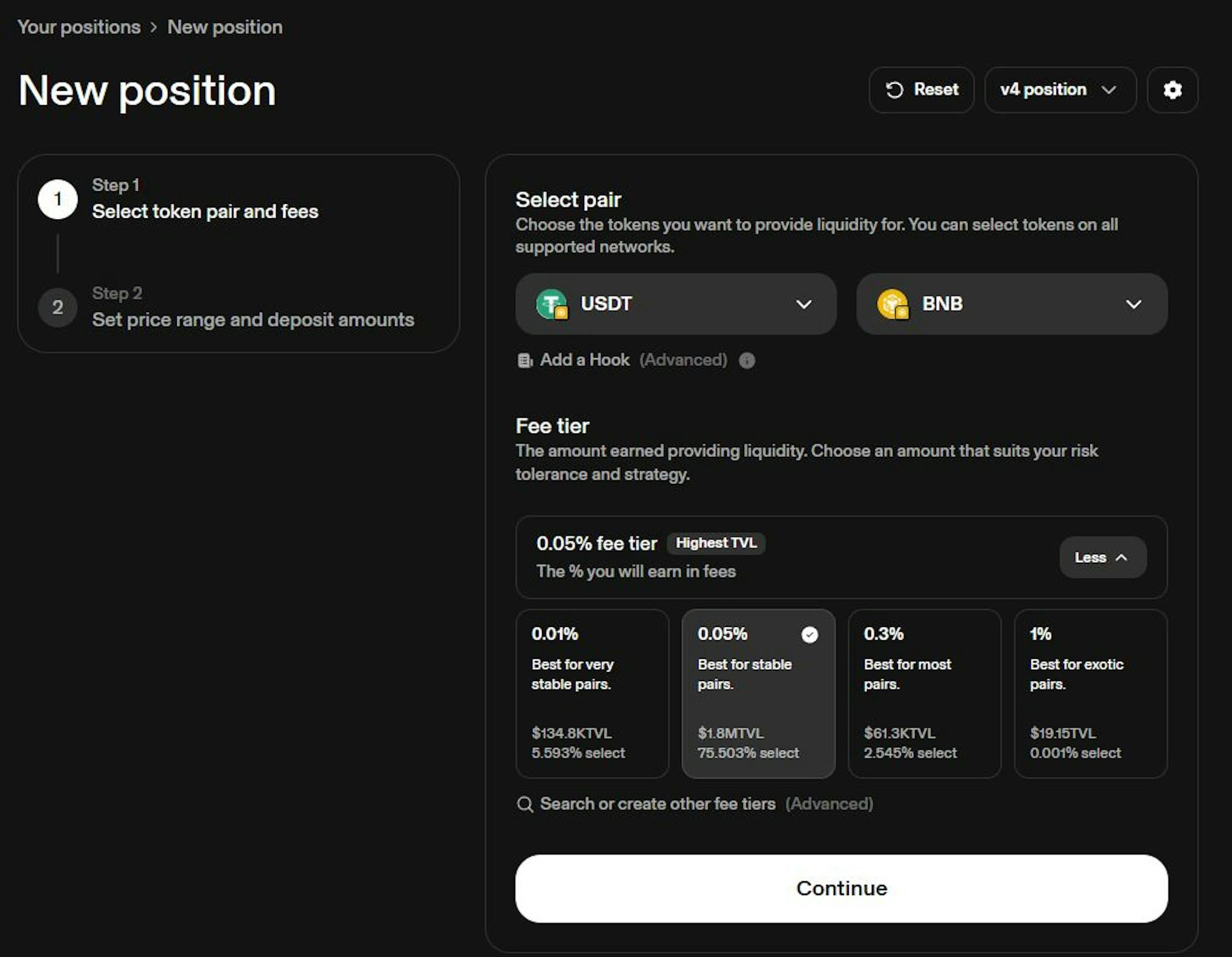 Creating a position on Uniswap: choosing tokens and commissions.
