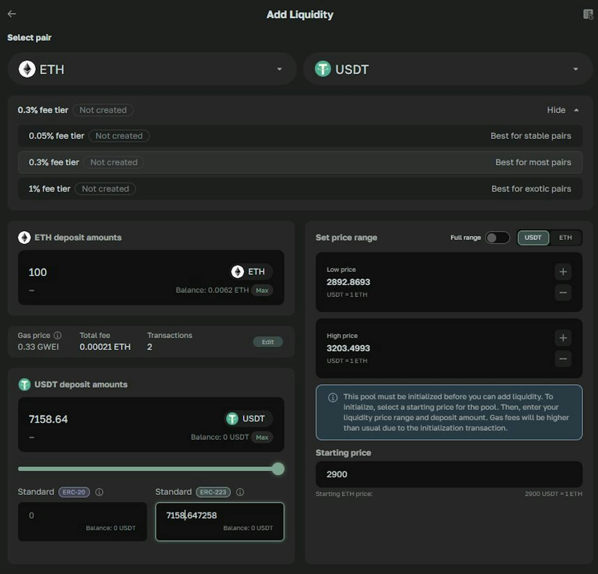 Ability to contribute to the token liquidity pool in different standards ERC-223 or ERC-20 to DEX223.
