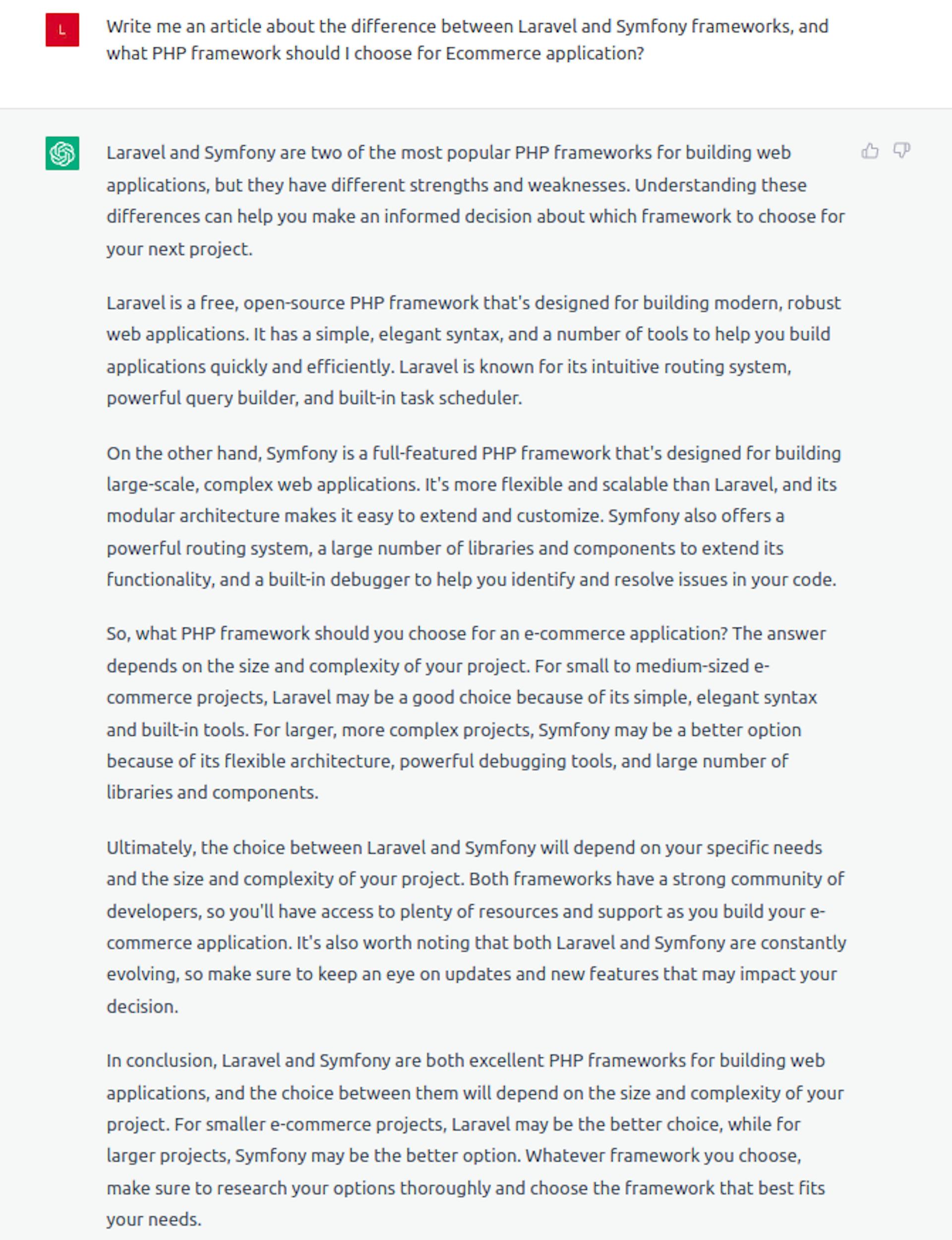 ChatGPT article comparing PHP frameworks