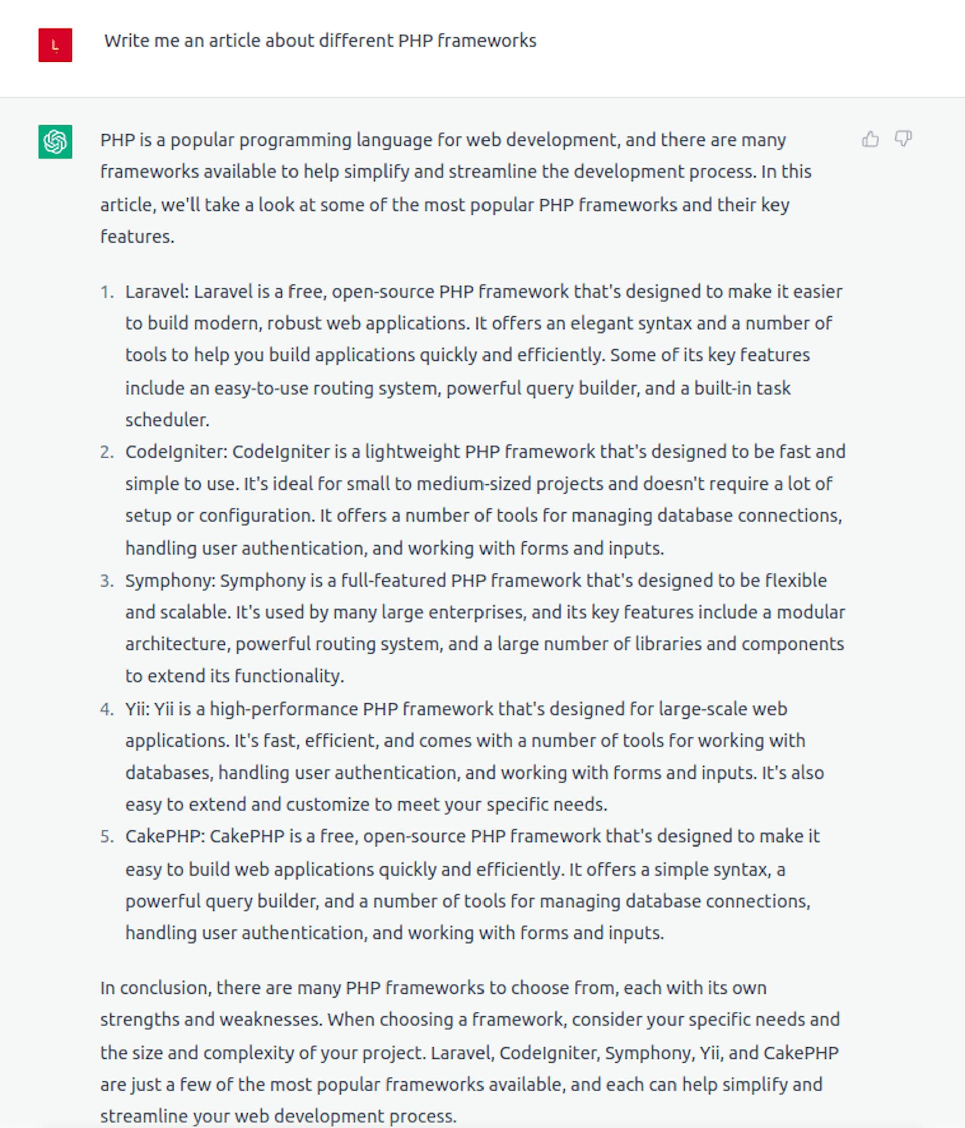 ChatGPT article on PHP frameworks topic