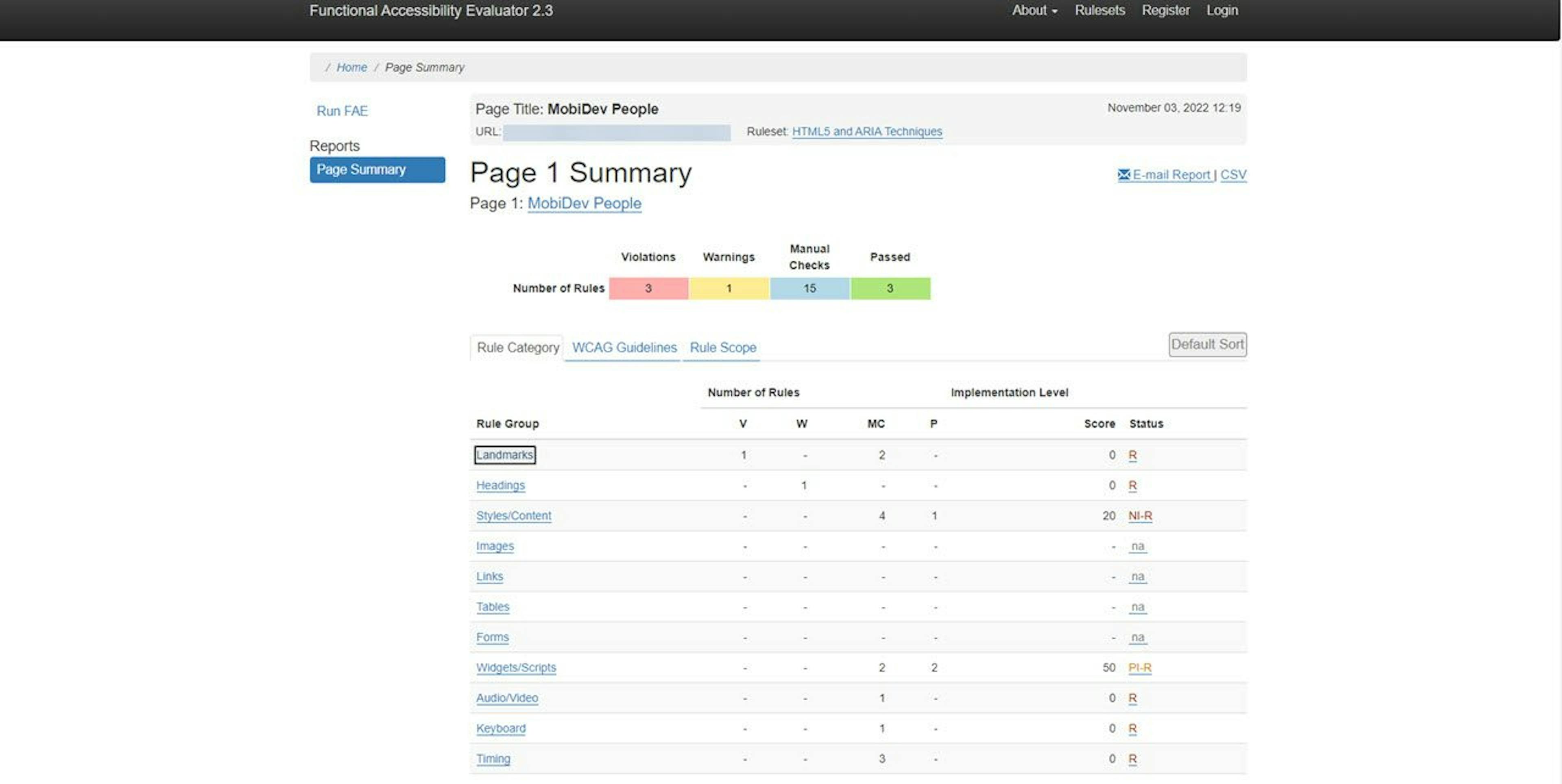 CSV Report of Functional Accessibility Evaluator (FAE) Tool