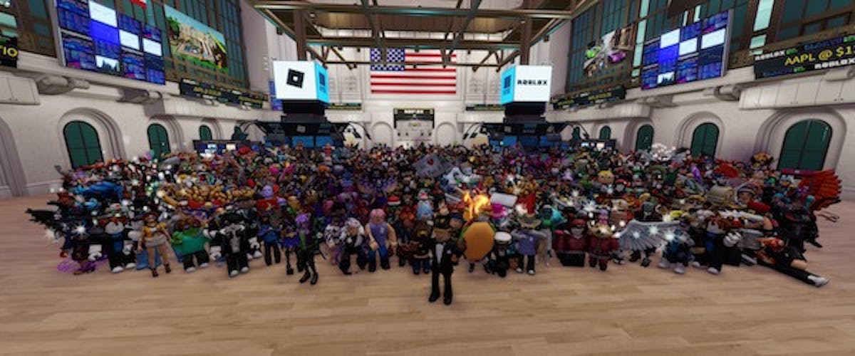 Roblox employees celebrating the direct listing of RBLX in a virtual NYSE. Source: Instagram @roblox