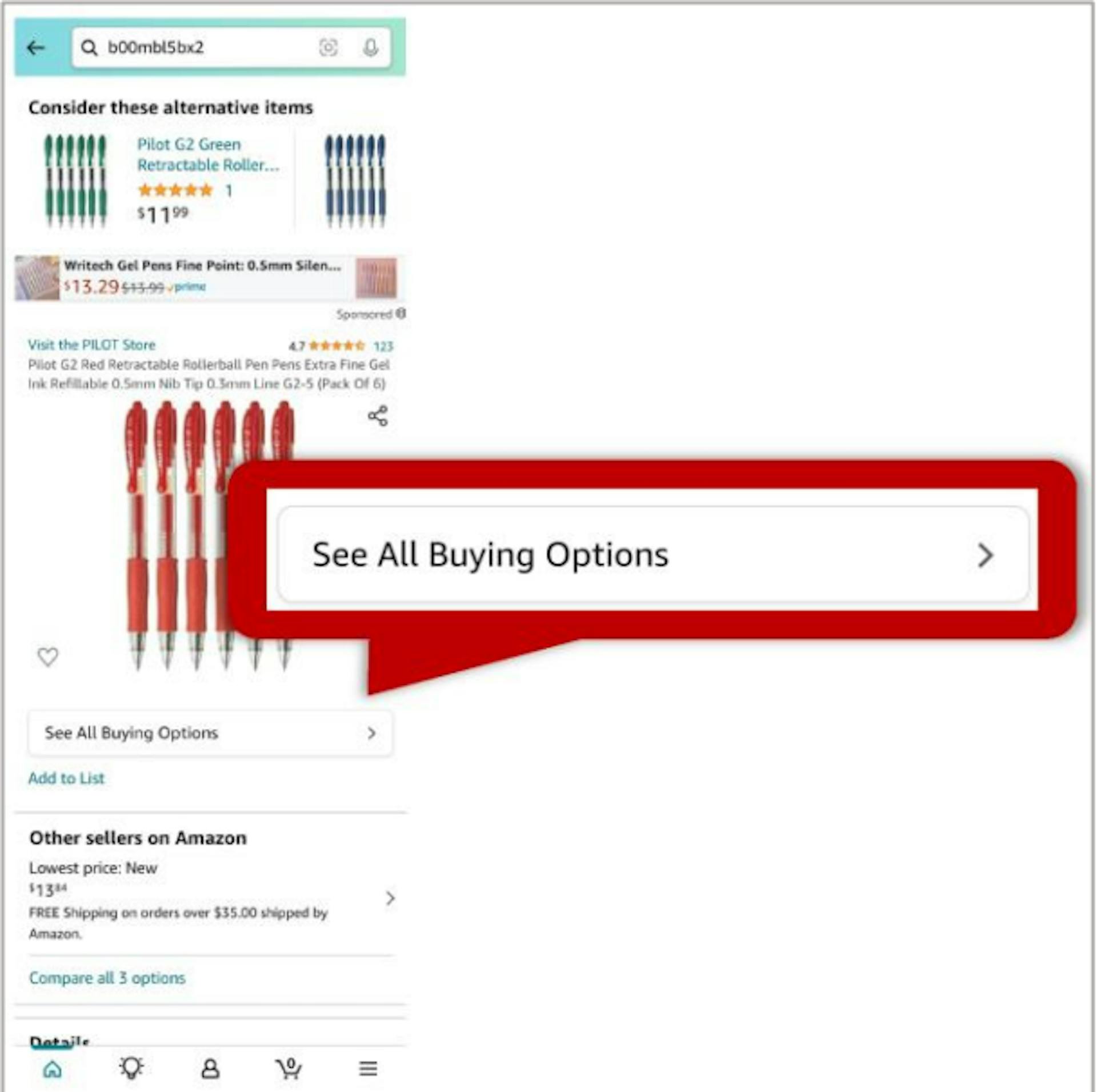 Figure 6b. Detail Page Without Buy Box with “See All Buying Options” Link Enlarged in Red, Mobile App.