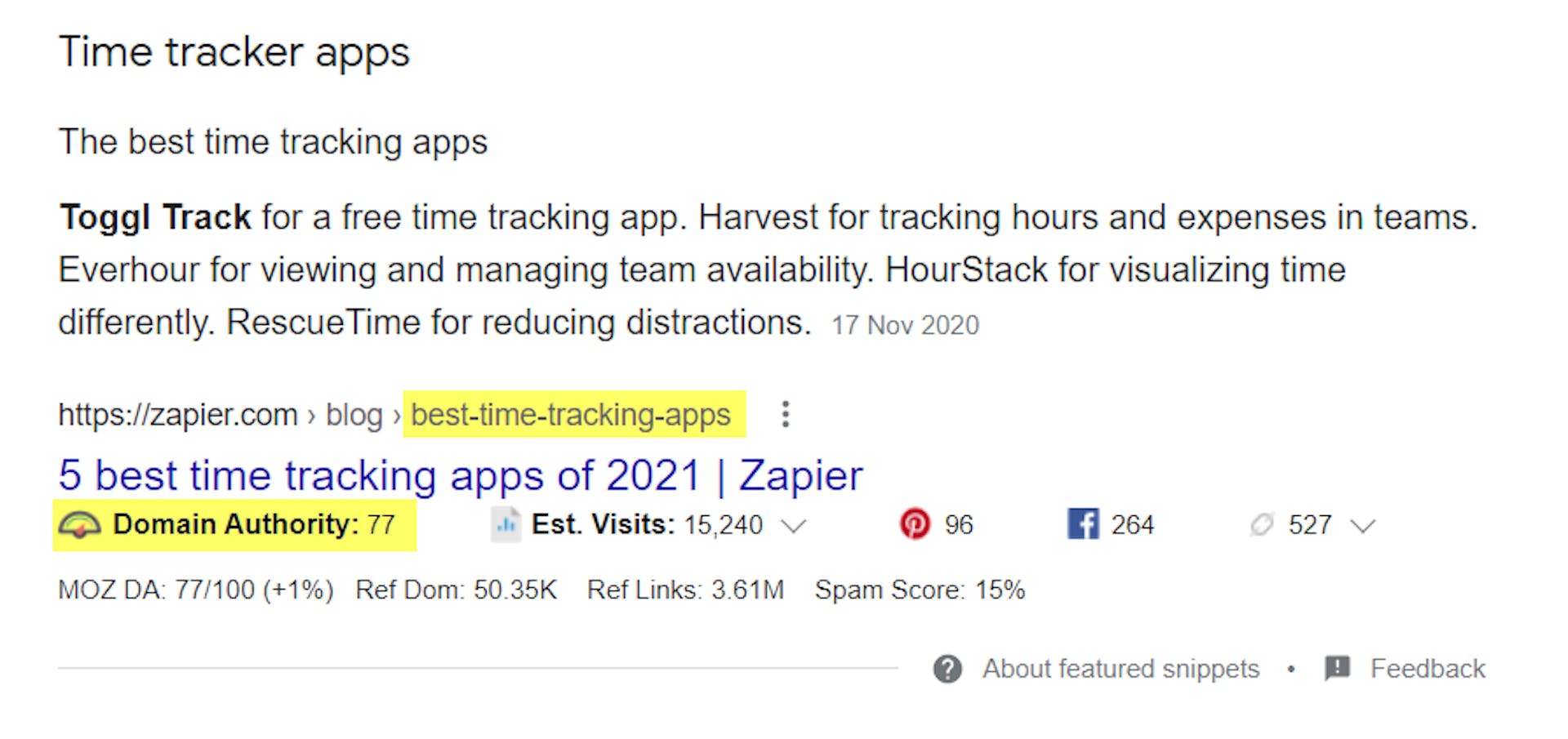 Zapier takes the featured snippet position for our  "time tracker app" keyword. 