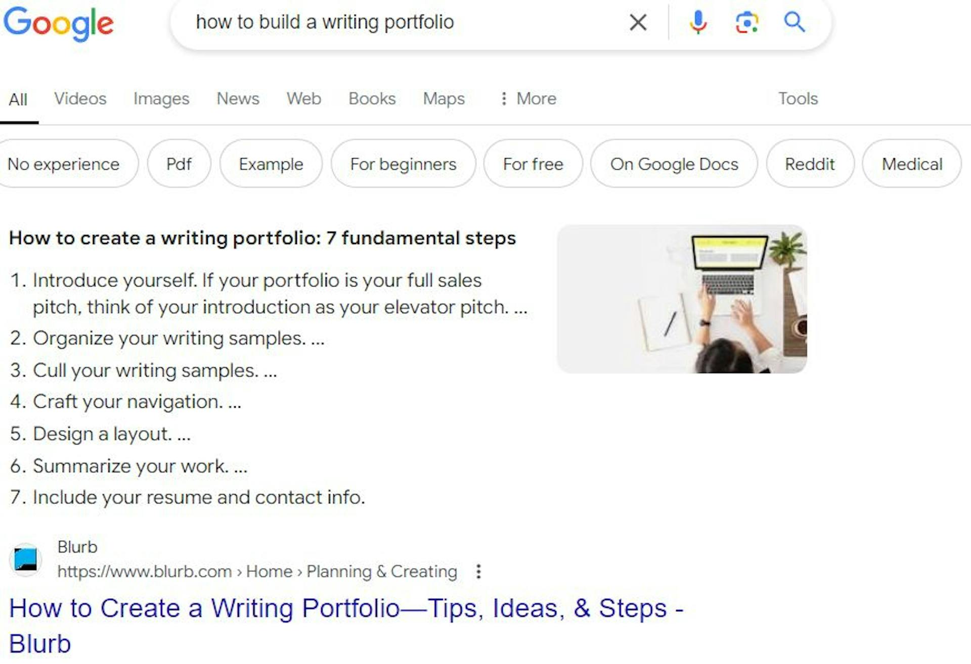 Google writing portfolio result