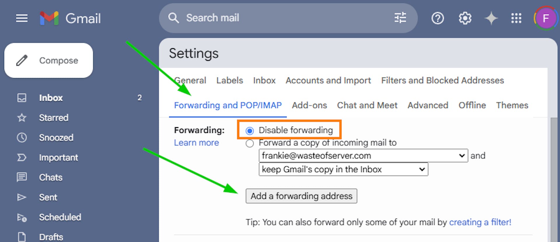 Remember to keep forwarding DISABLED, we only want to forward emails from a single sender