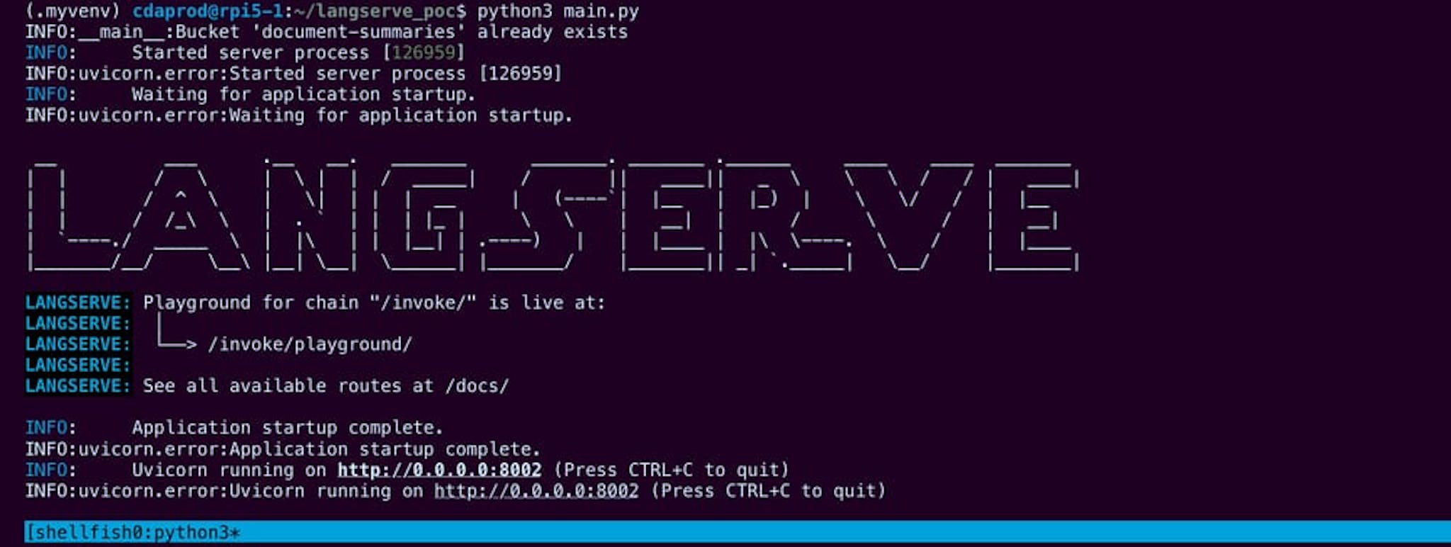 Screenshot of terminal output running LangServe