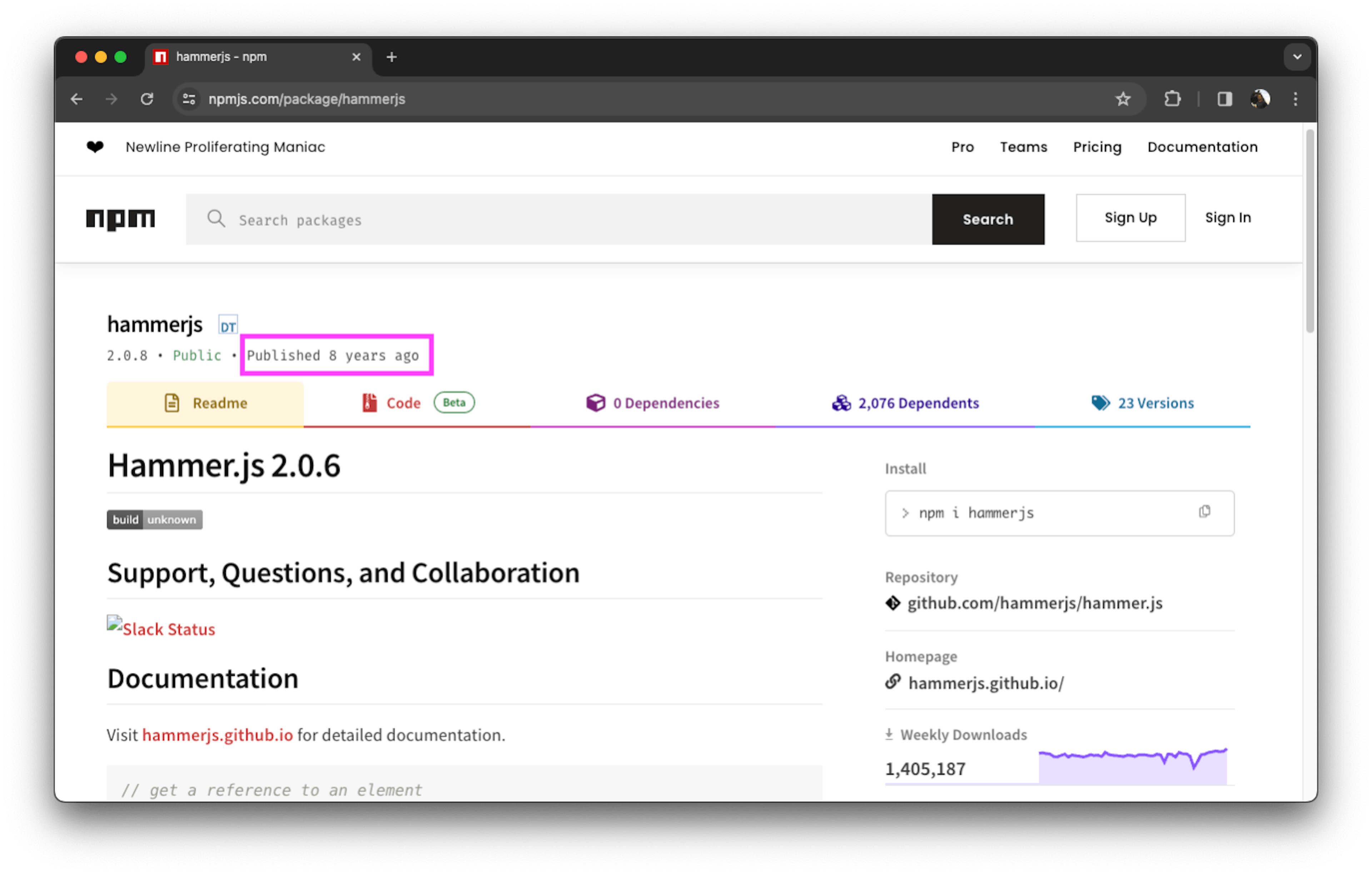 hammerjs is downloaded 1.4M times weekly but it wasn't updated since the last 8 years.