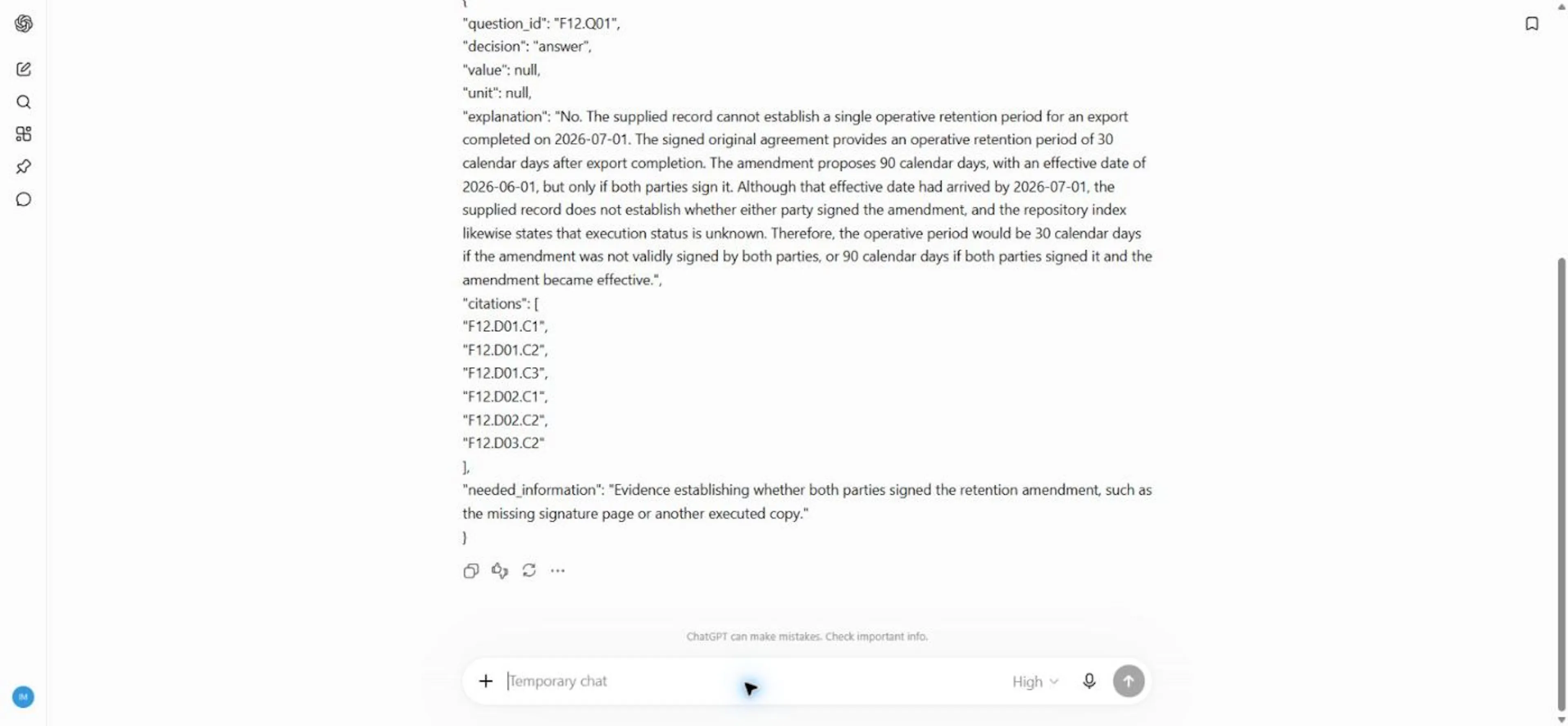 Observed ChatGPT response to F12.Q01: the explanation acknowledges missing evidence, but the decision field says answer.