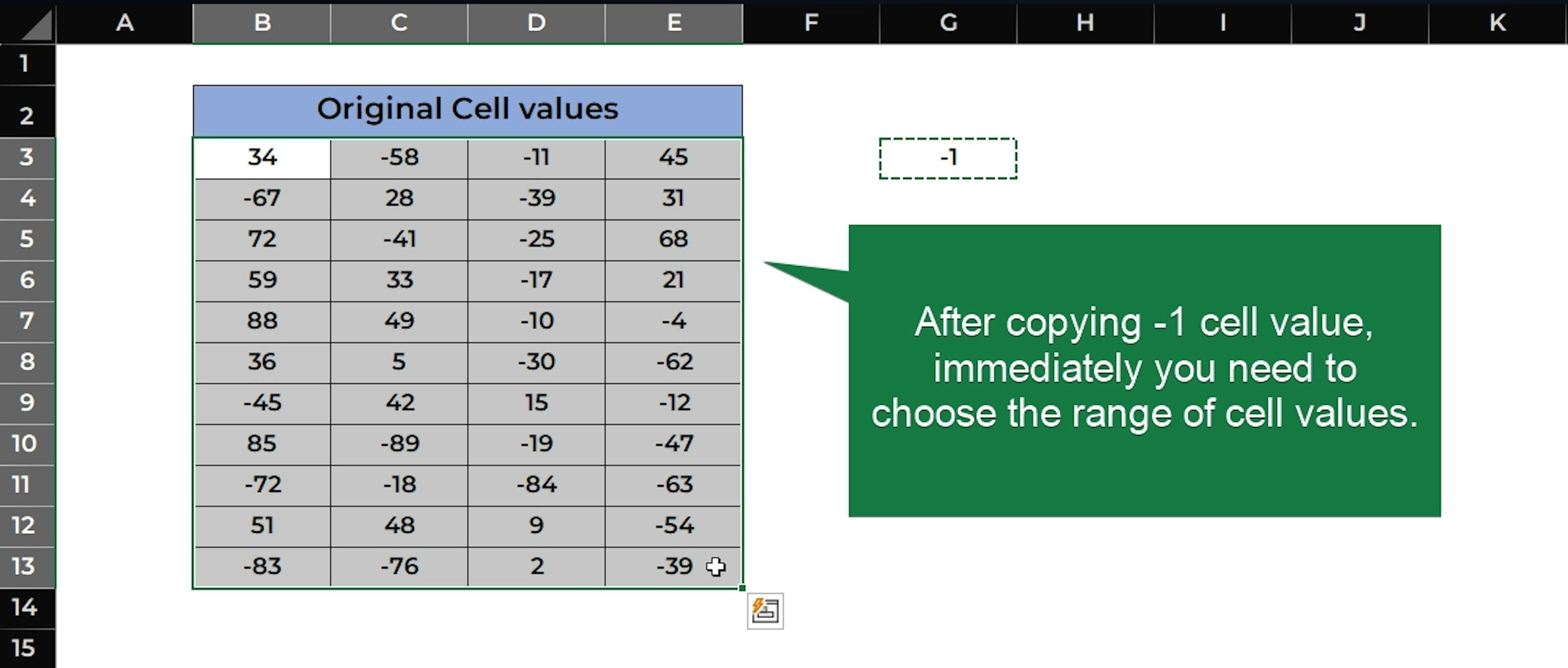Selecting the range of cell values immediately after copying the cell values.