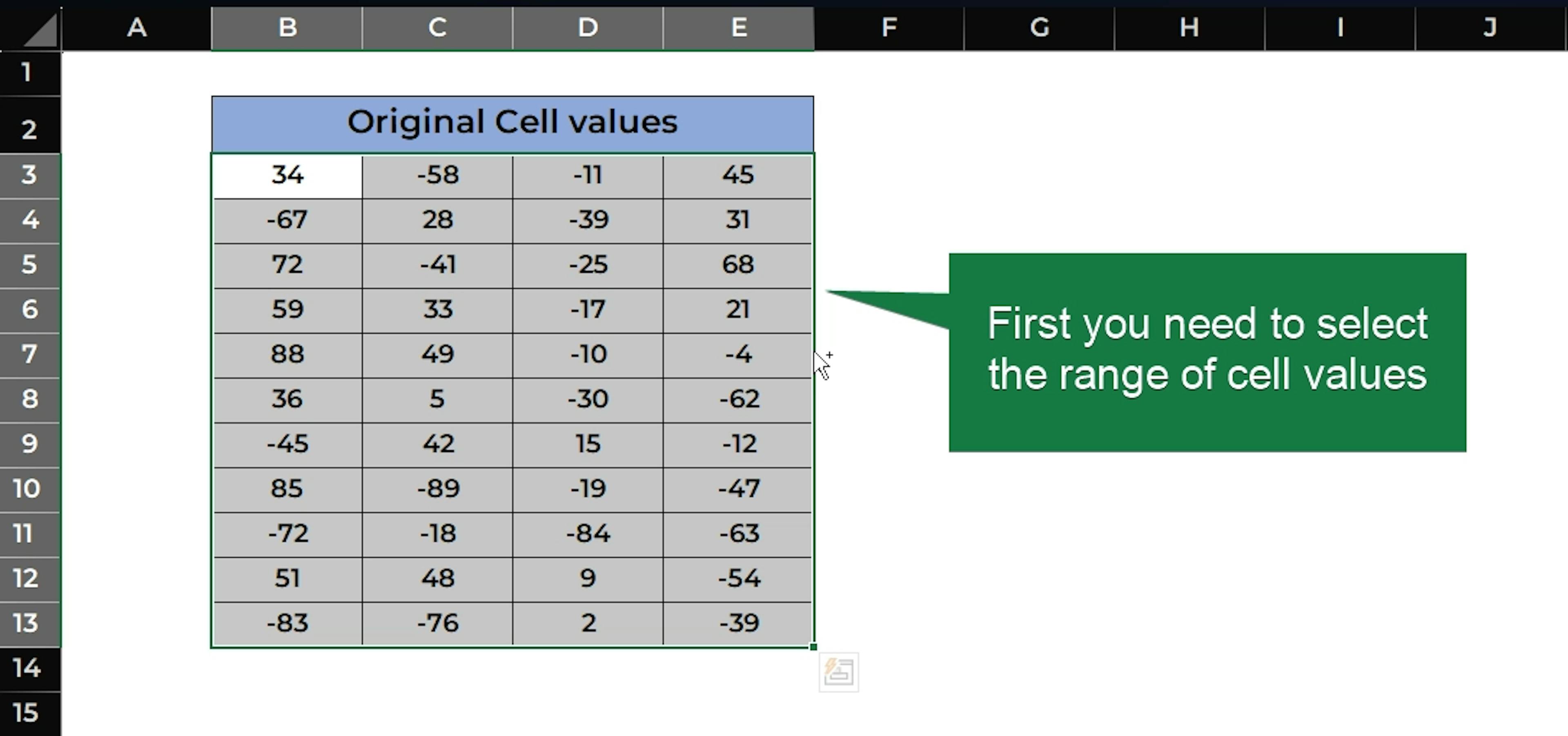Select the Range of Cell values