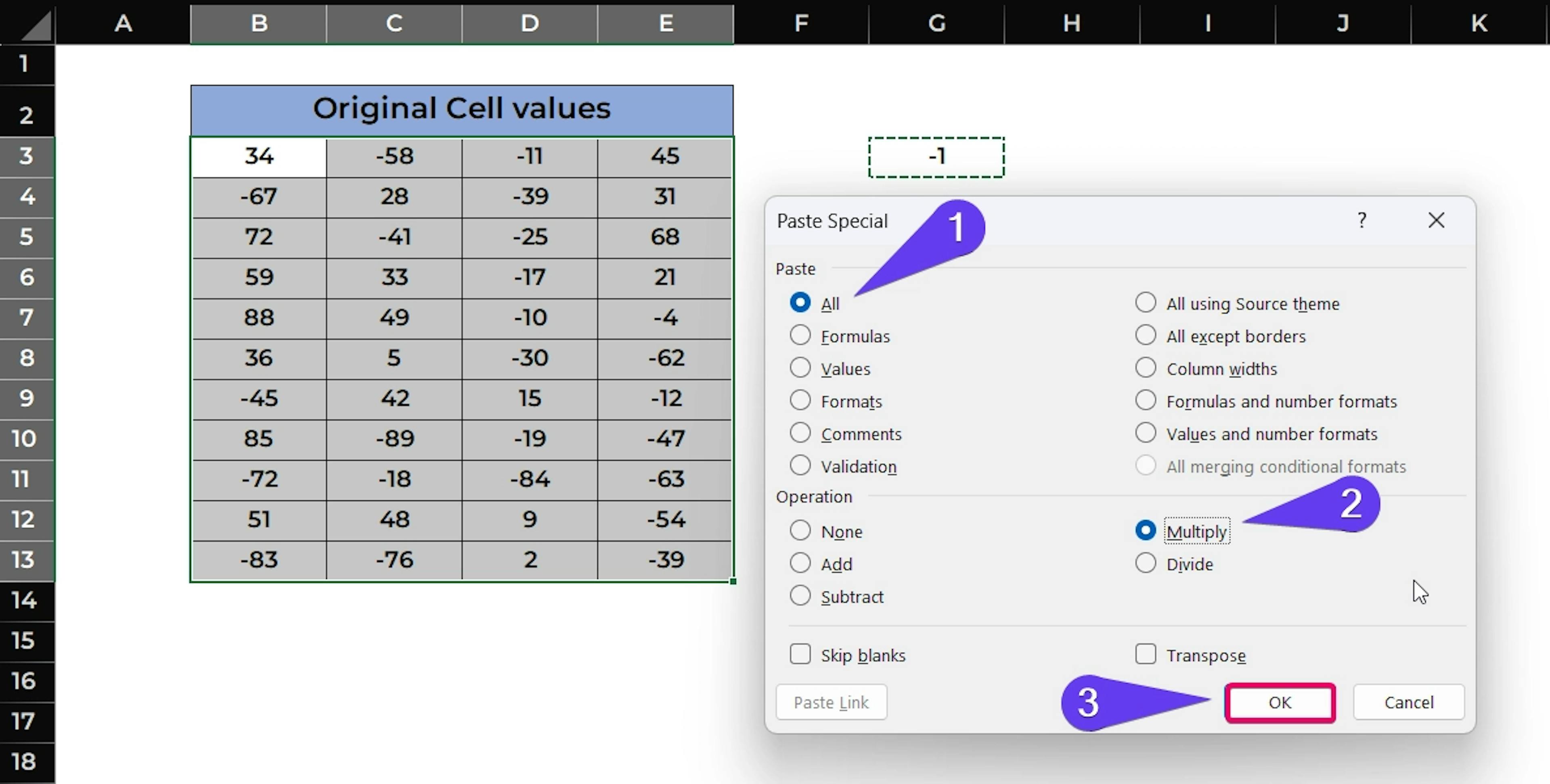 Choosing Multiply option from Paste Special option
