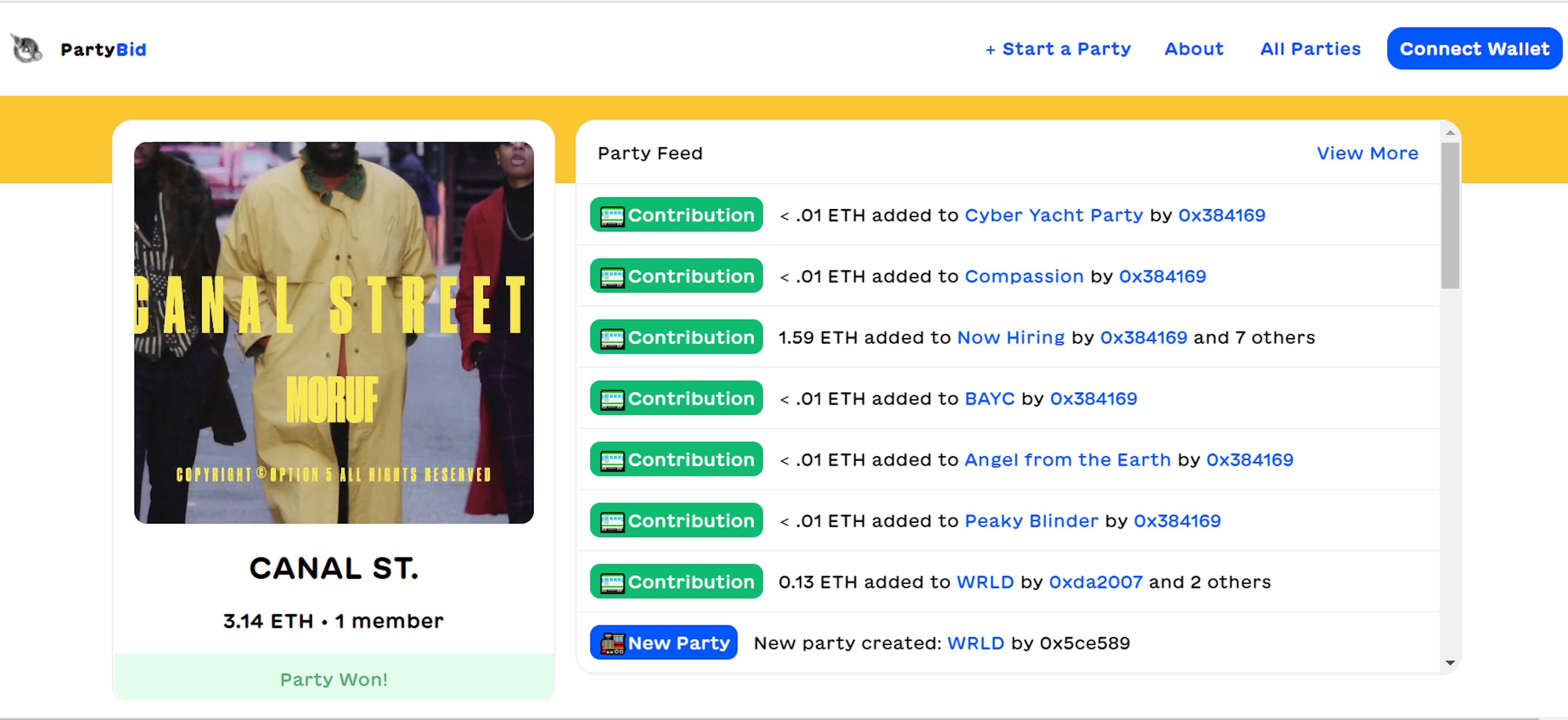 PartyBid provides a live feed of ongoing bids