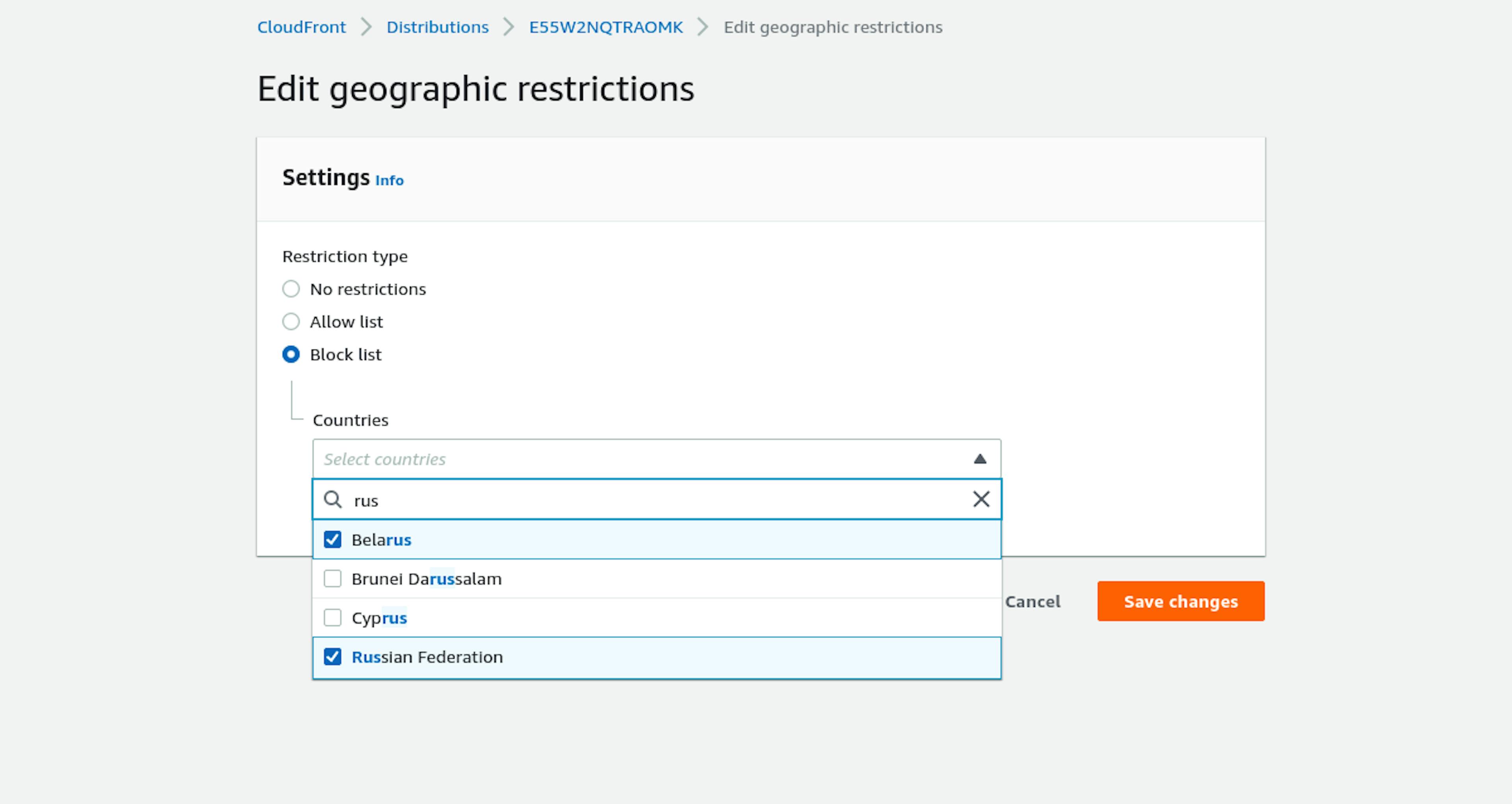 Edit geographic restrictions dropdown